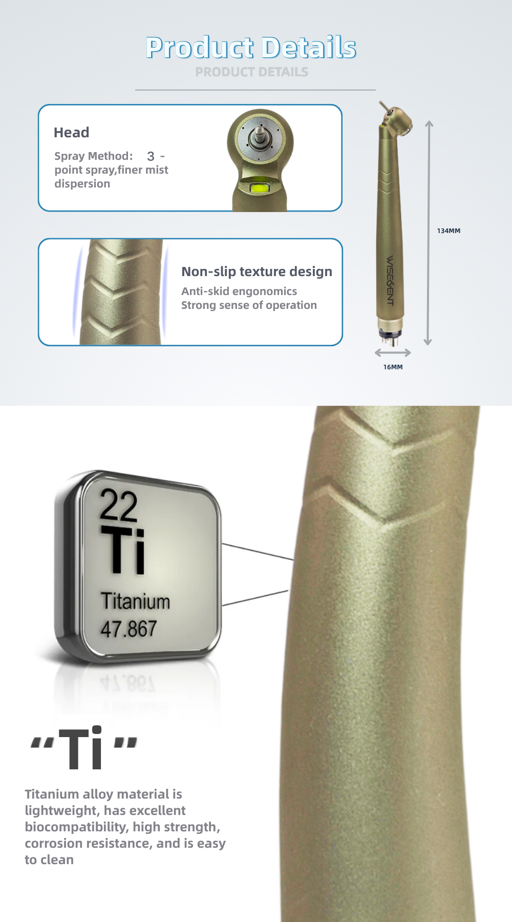 WISEDENT - Titanium Dental Handpiece 45 Degree Triple Water Spray E-generator LED High Speed BR-164CT 6