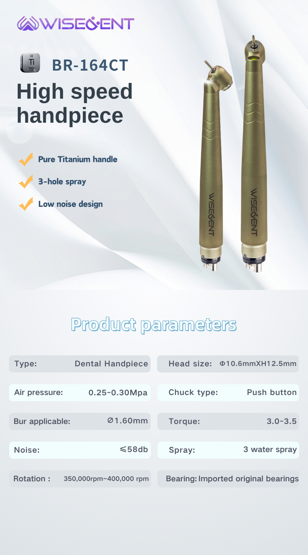 WISEDENT - Titanium Dental Handpiece 45 Degree Triple Water Spray E-generator LED High Speed BR-164CT 5