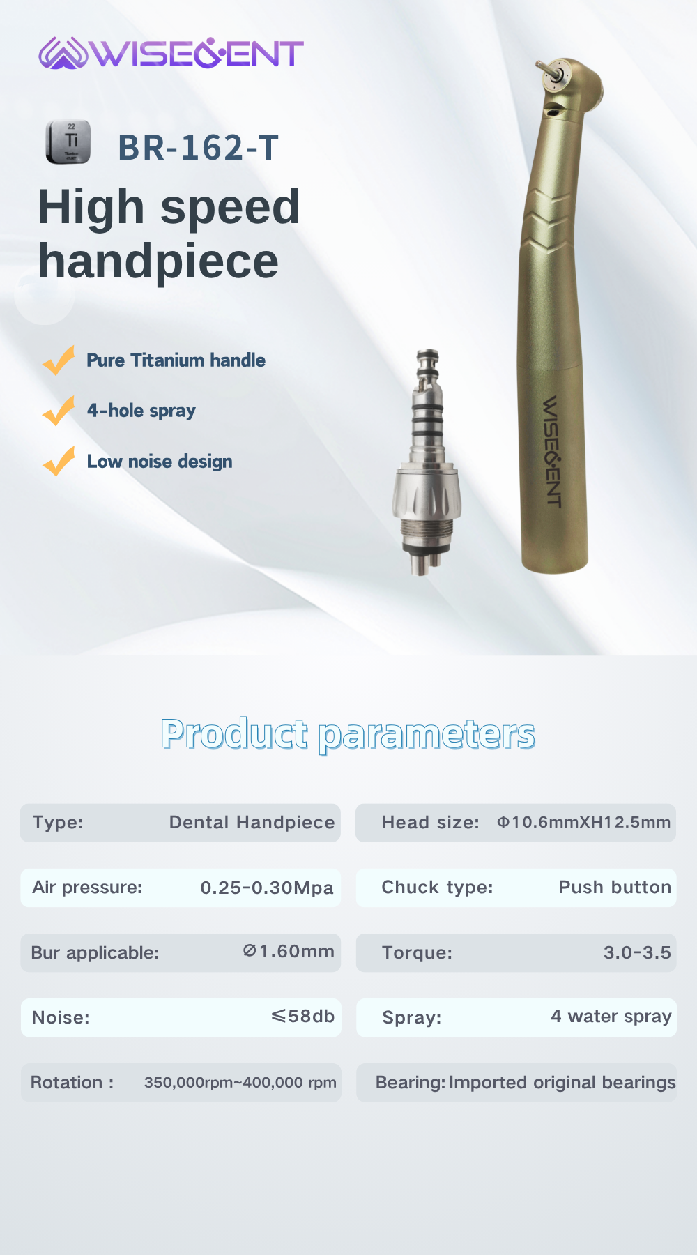 WISEDENT - Guangdong Foshan Titanium Material Fiber Optic High Speed Handpiece with Quick Coupling BR-162T 8