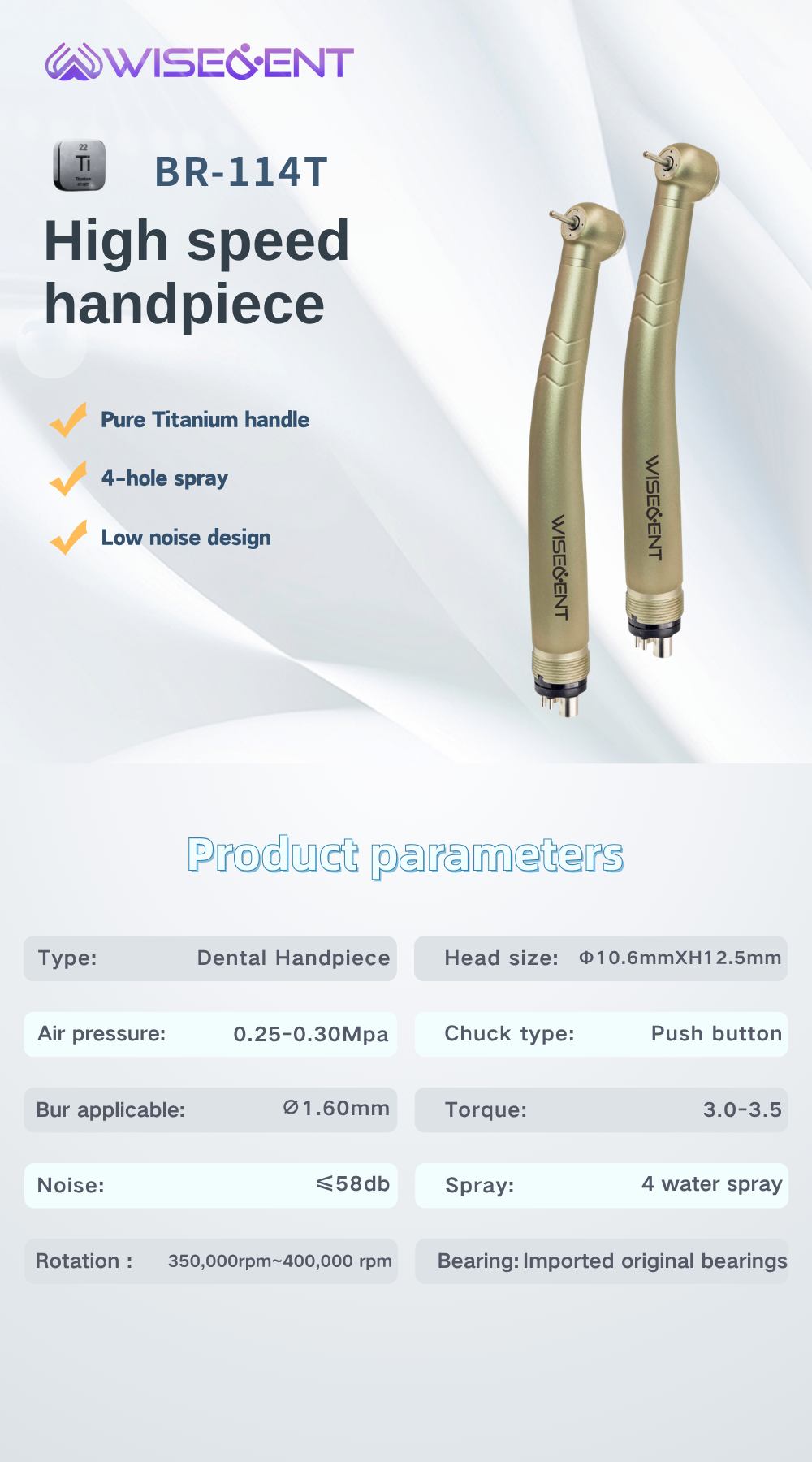 WISEDENT - Manufacturer in Foshan Titanium Material High Speed Handpiece 4 Water Spray Satndard/Torque Head BR-114T 6