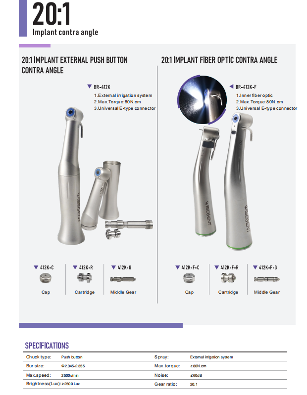 WISEDENT - Dental Implant handpiece/Push Button 20:1 Dental Impant Handpiece Contra Angle BR-412K 7