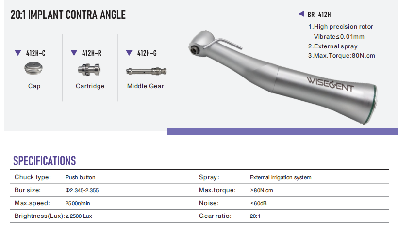 WISEDENT - Dental instrument Reduction 20 1 implant handpiece Contra Angle BR-412H In Dental Clinic 5