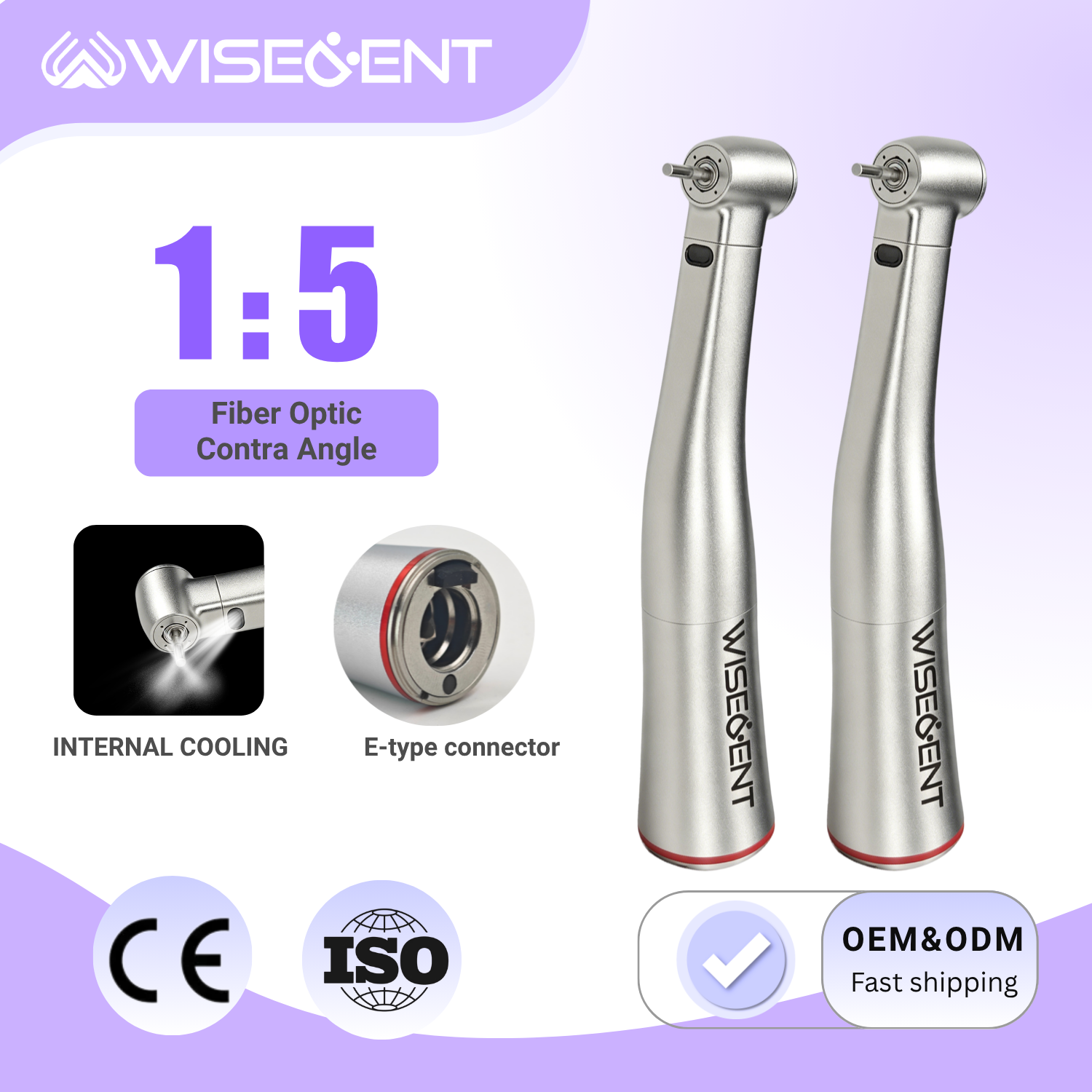 Wisedent Hot Sale 1:5 Speed Increasing Fiber Optic Inner Water Contra Angle Handpiece for Type Stainless Steel High Prec 8