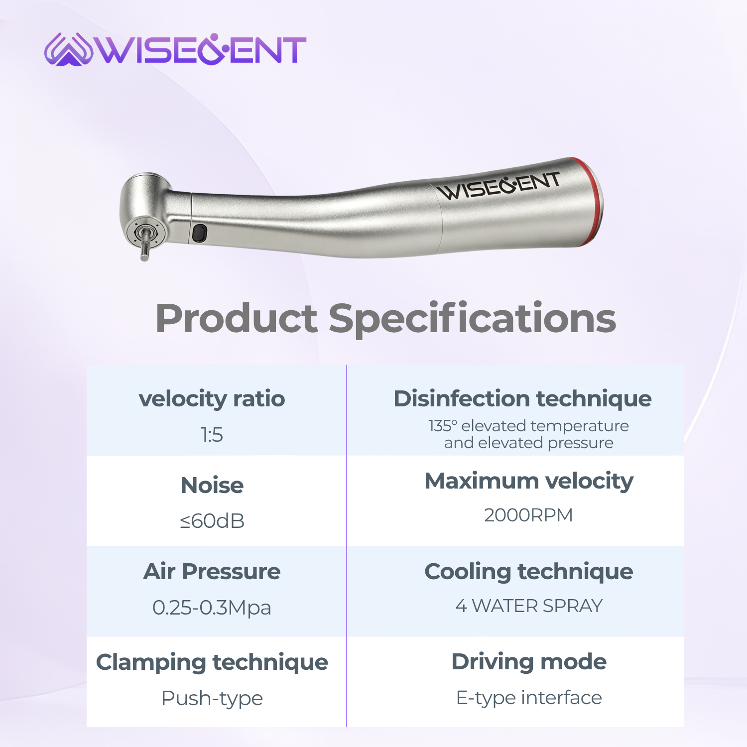 Wisedent Hot Sale 1:5 Speed Increasing Fiber Optic Inner Water Contra Angle Handpiece for Type Stainless Steel High Prec 12