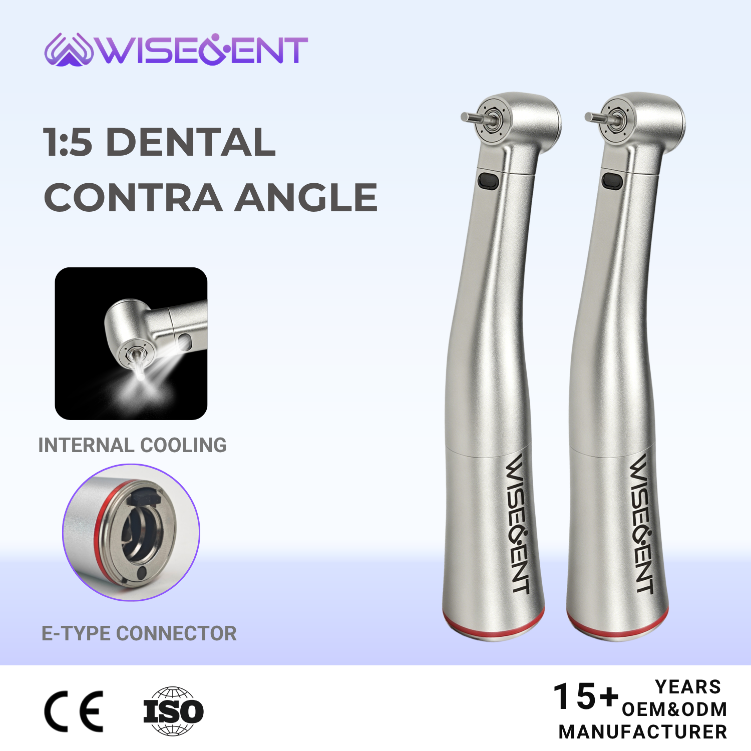 Wisedent Hot Sale 1:5 Speed Increasing Fiber Optic Inner Water Contra Angle Handpiece for Type Stainless Steel High Prec 7