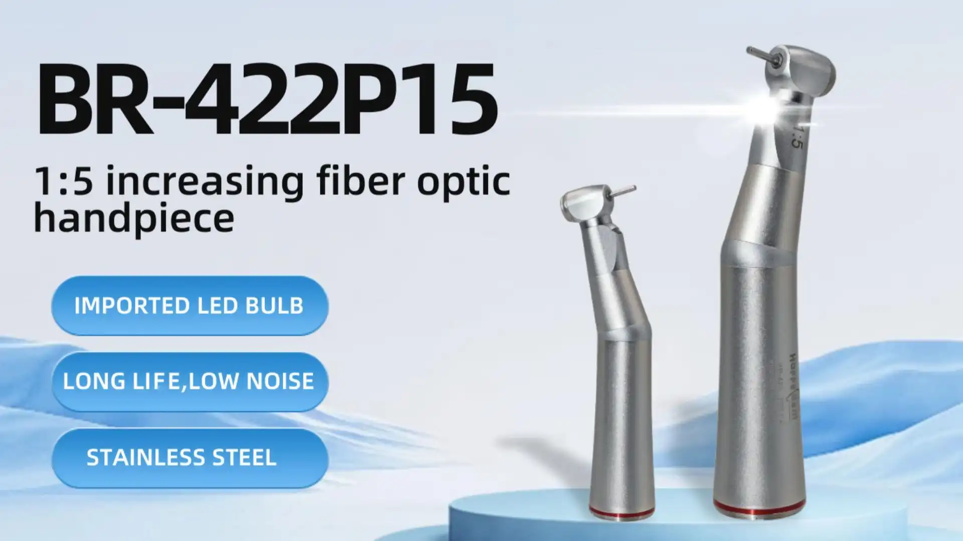 Quality Wisedent 1:5 Increasing Single Water Spray Fiber Optic Push Buton Contra Angle Dental Handpiece Manufacturer 1