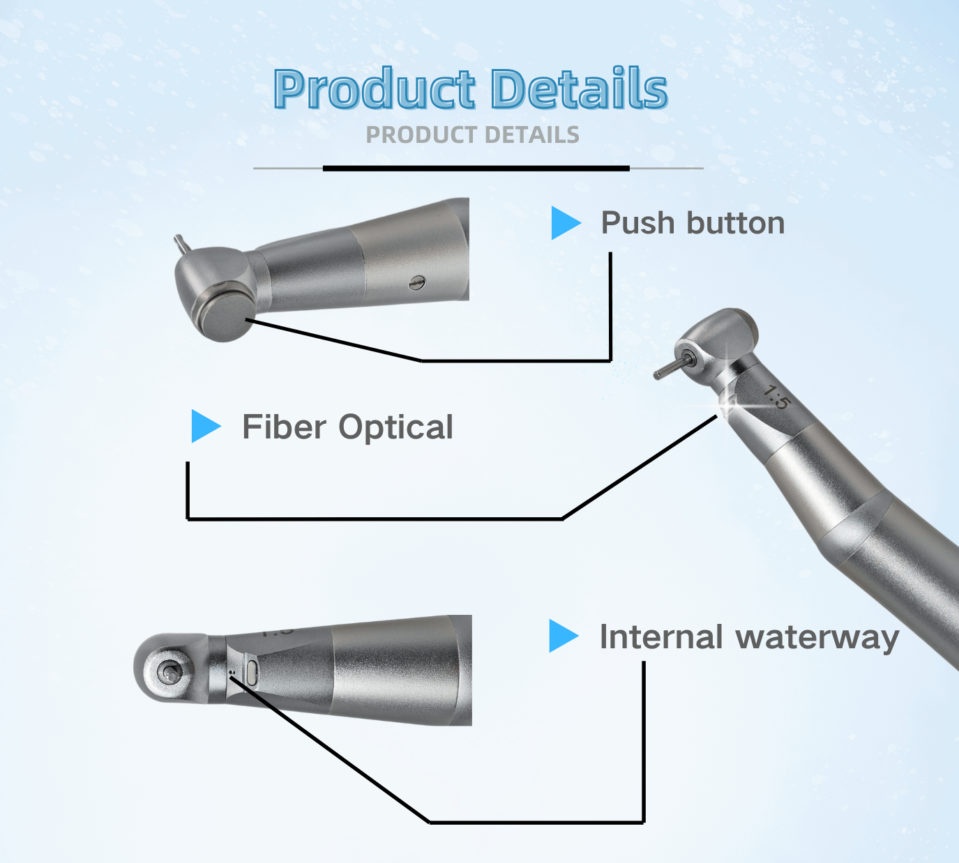 Quality Wisedent 1:5 Increasing Single Water Spray Fiber Optic Push Buton Contra Angle Dental Handpiece Manufacturer 7