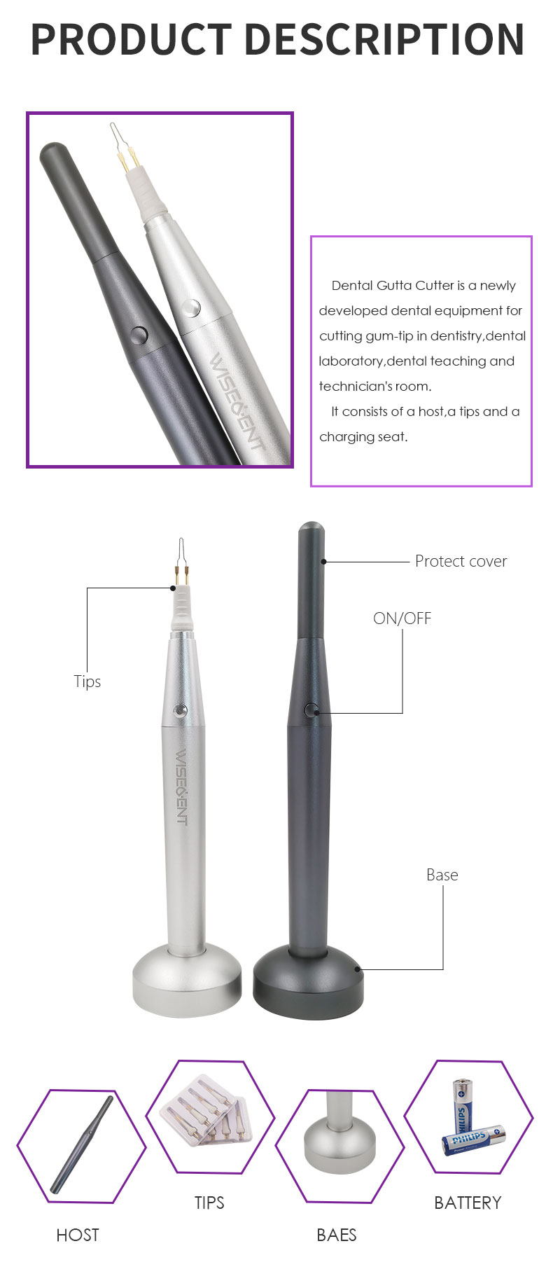 Dental Gutta Cutter with Detachable Battery and 8 Interchangeable Tips for Endodontic Treatment Manufacturer BR-104 2
