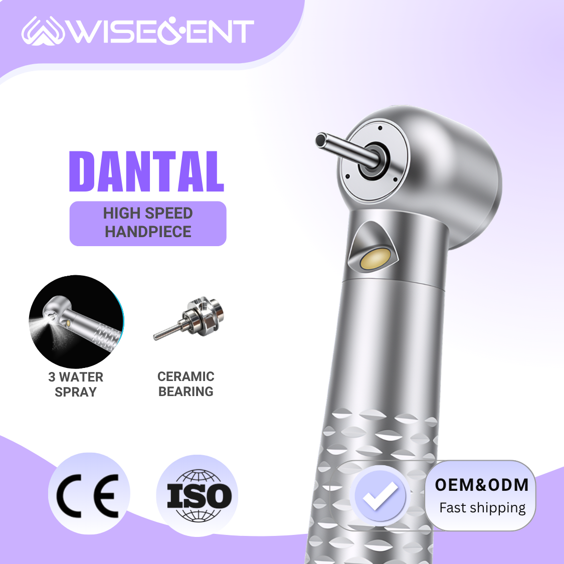 WISEENT Dental High Speed Handpiece Self-generator LED Light Triple Water Spray Ceramic Bearing Autoclavable 2/4 Holes 14