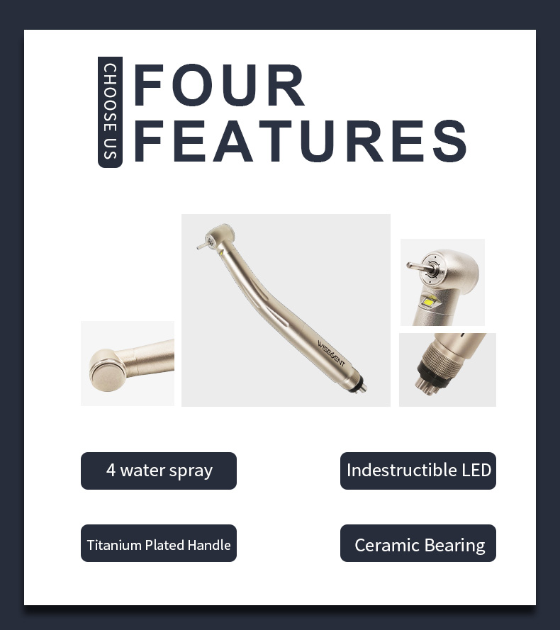 WISEDENT-BR-164N LED High‑Speed Dental Handpiece, Titanium‑Plated Body with Ceramic Bearing, 4‑Water Spray Push Button H 3
