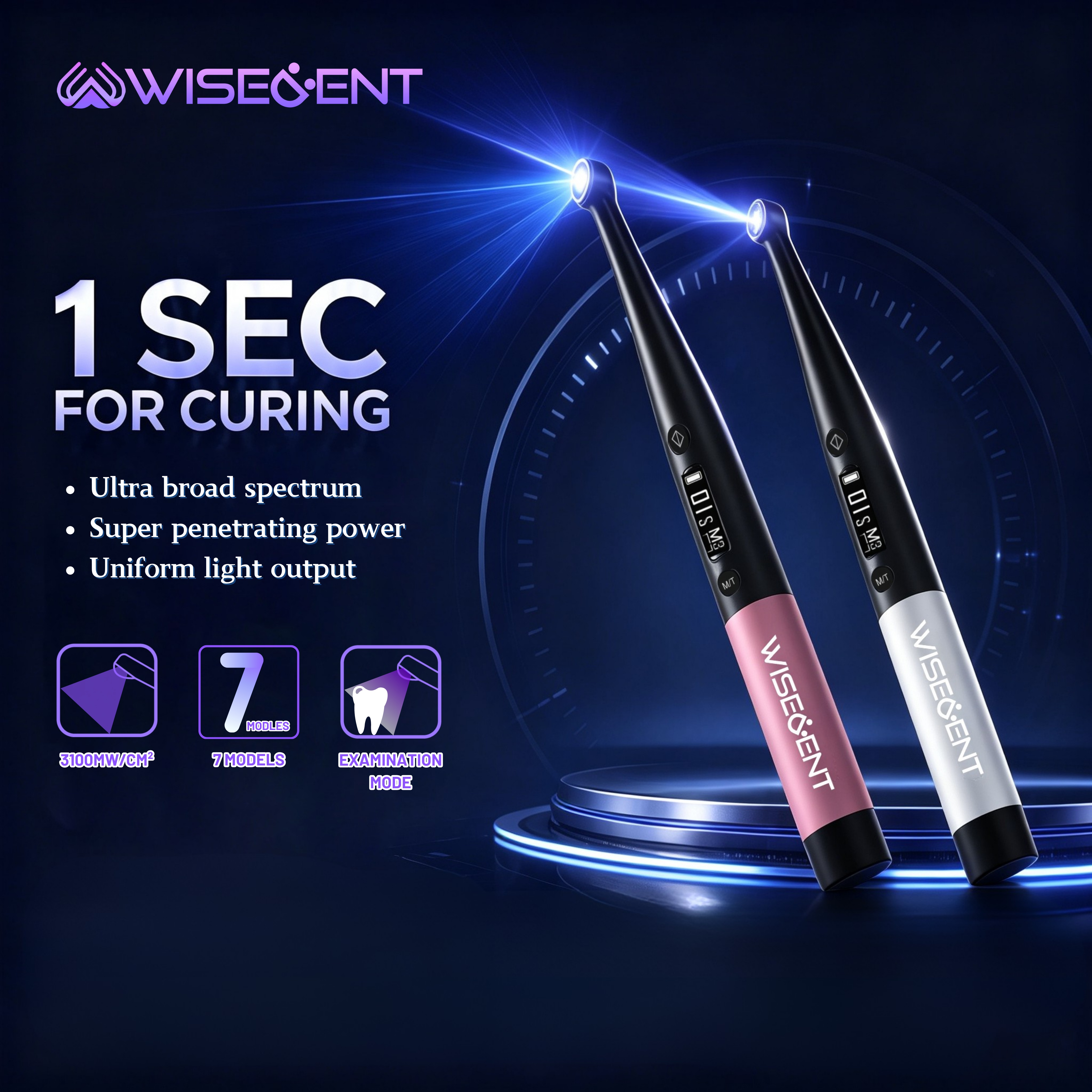 Wisedent LED Dental Curing Light with Light Meter 1 Second Fast Cure 7 Modes 360° Rotatable Head Wireless Polymerization 9