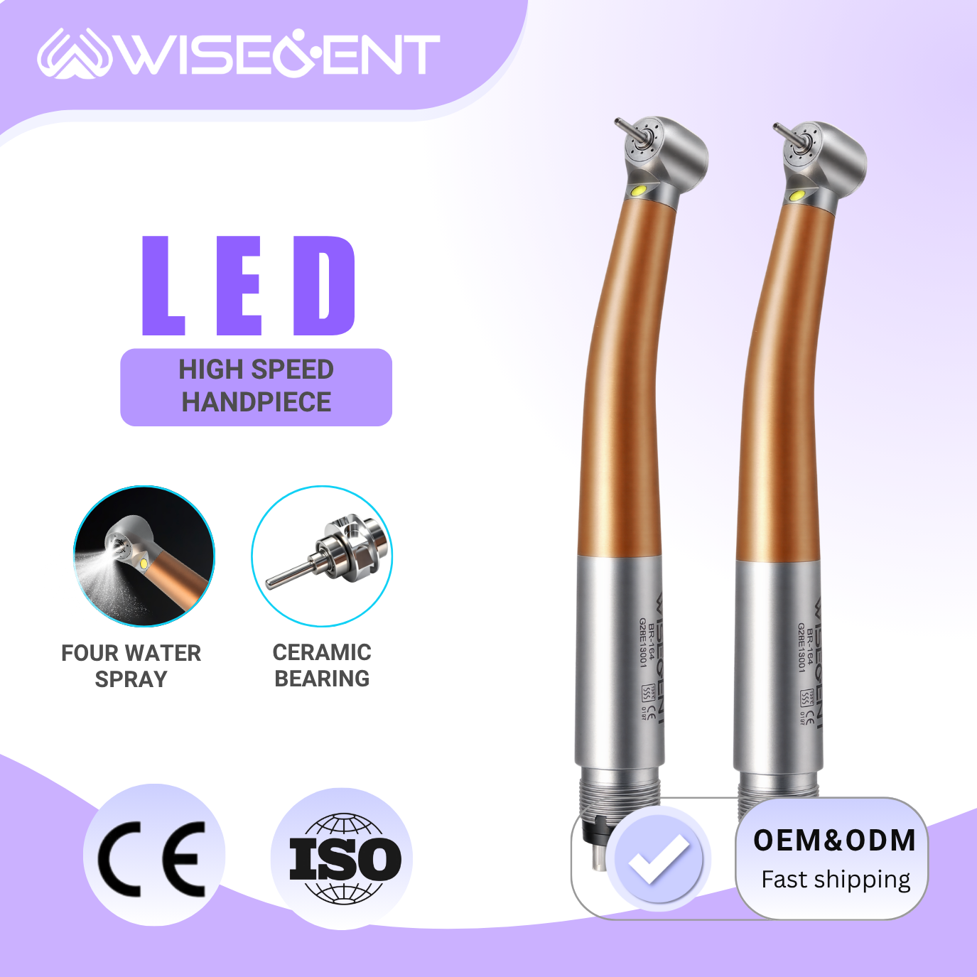 Wholesale Wisedent Golden LED Dental High Speed Handpiece Ceramic Bearing Cartridge 4 Water Spray 9