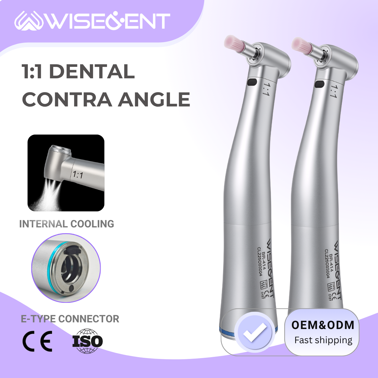 Wisedent Wholesale Dental Handpiece Contra Angle 1:1 Low Speed Dental Drill Fiber Optical Push Button 6