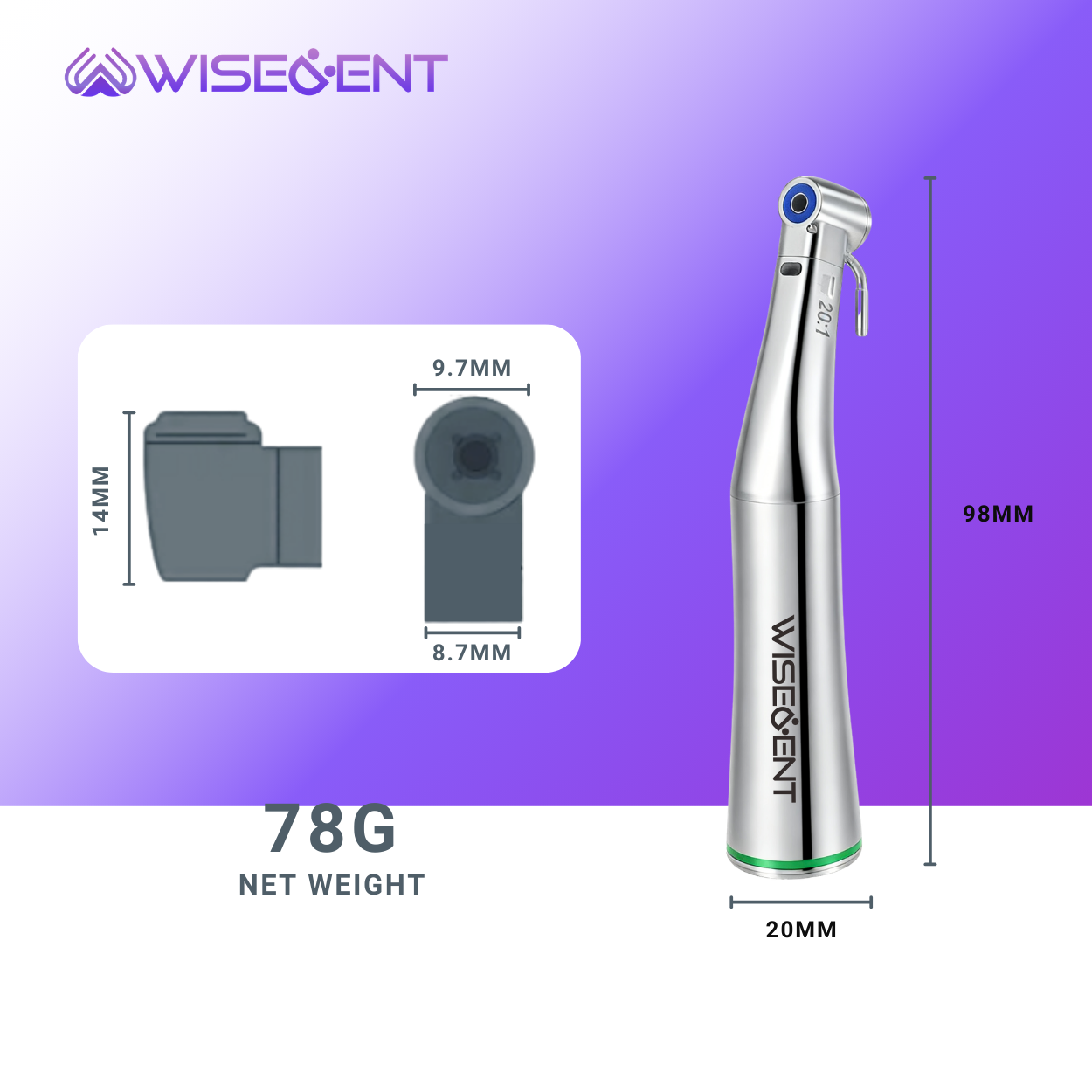 Wisedent BR-412K-FD Surgical Dental Implant Low Speed Handpiece Contra Angle Fiber Optic High Torque 7