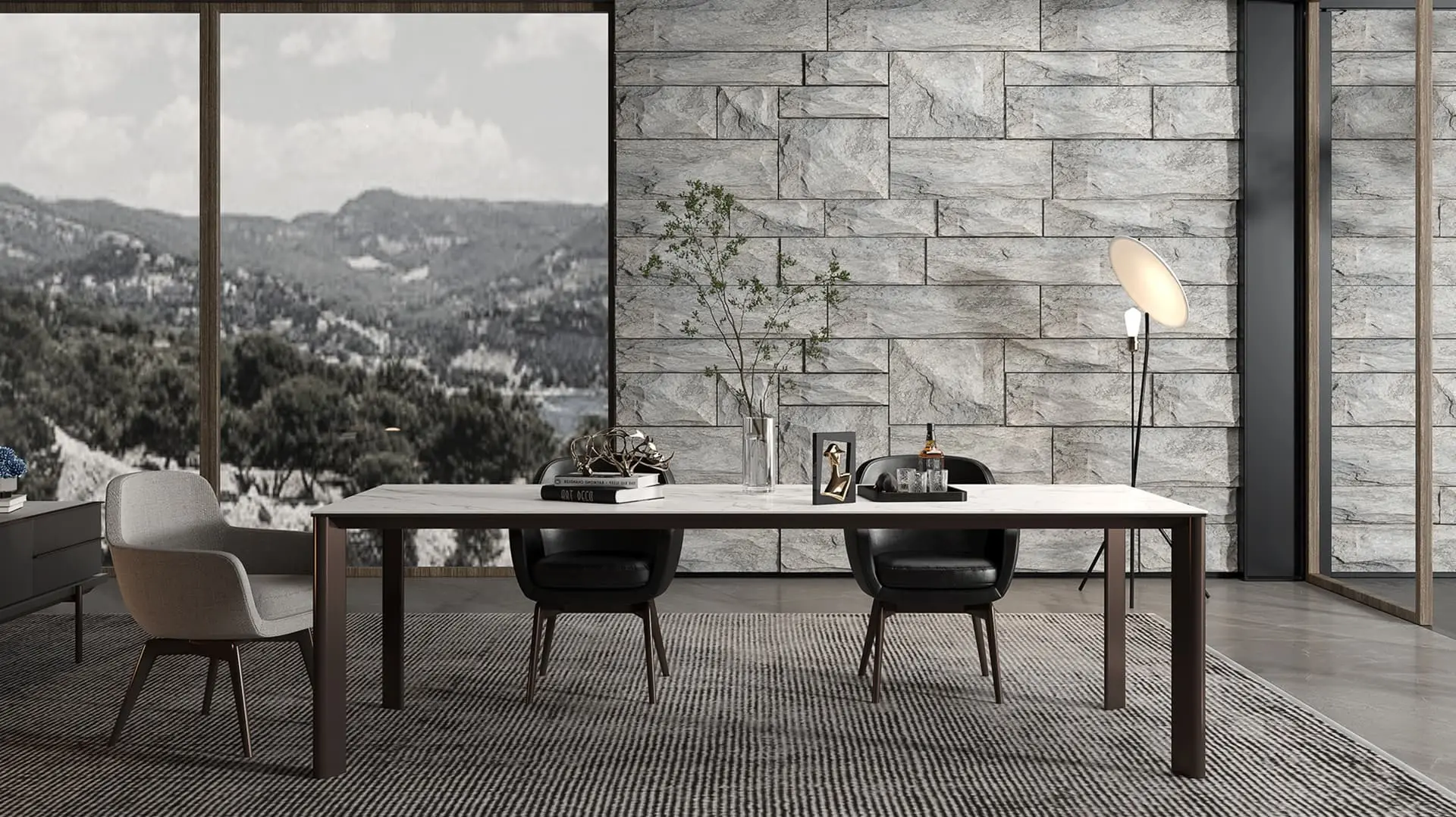 Cemento Grigio Minimalist dining table with ceramic table top and aluminum table base 3
