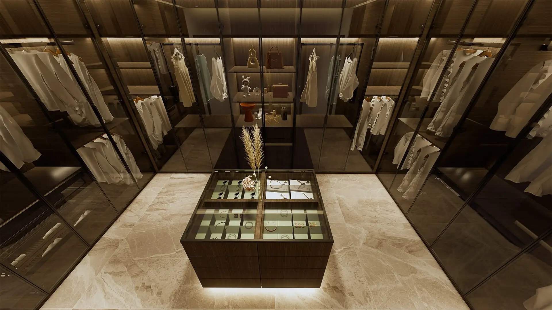 Senzafine Italian walk-in wardrobe glass walk in closet system wardrobe manufacturer 4