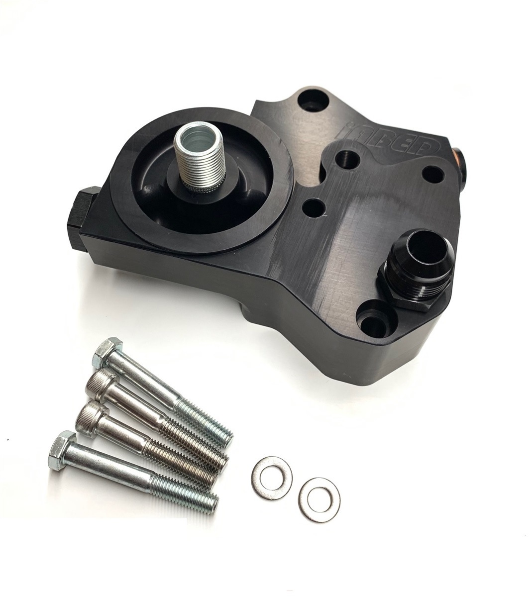 High Quality 5 Axis CNC Milling Billet Aluminum Black Anodized Remote Oil Filter Head Housing 3