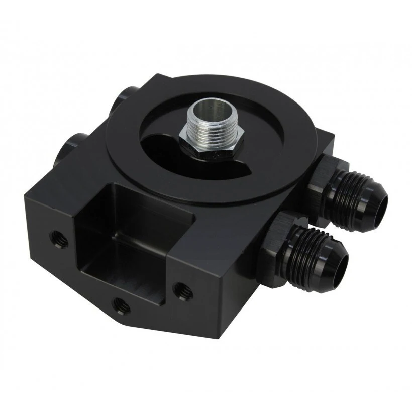 High Quality 5 Axis CNC Milling Billet Aluminum Black Anodized Remote Oil Filter Head Housing 1
