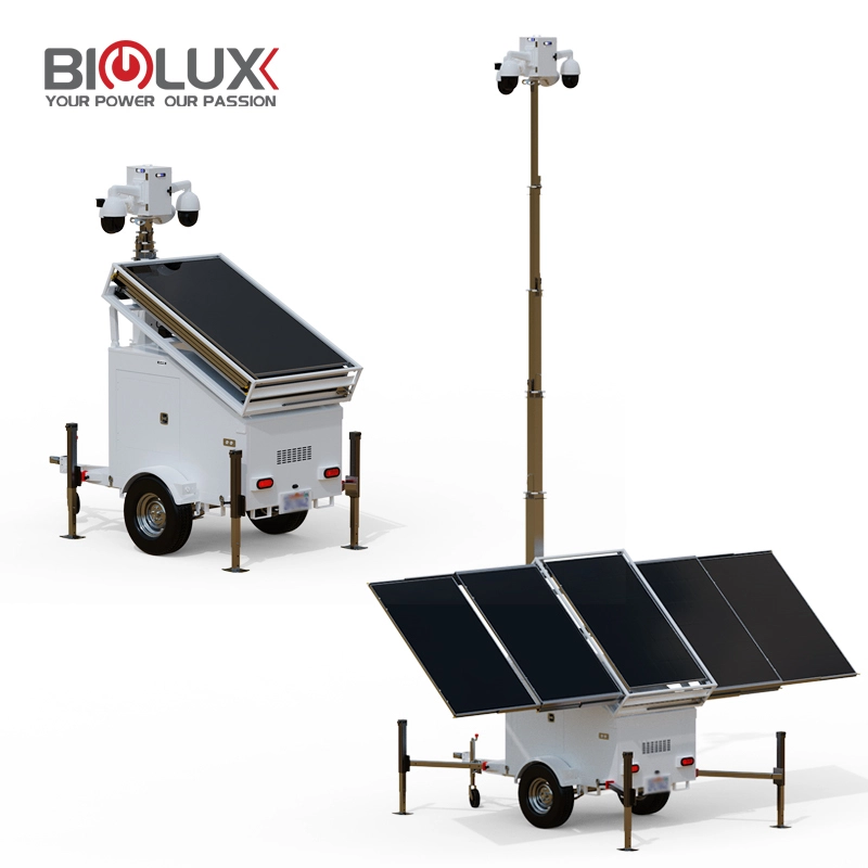 Remorque de sécurité solaire mobile haut de gamme avec système de vidéosurveillance intelligent à intelligence artificielle, solution de sécurité à déploiement rapide, hors réseau et connectable à Starlink. 1