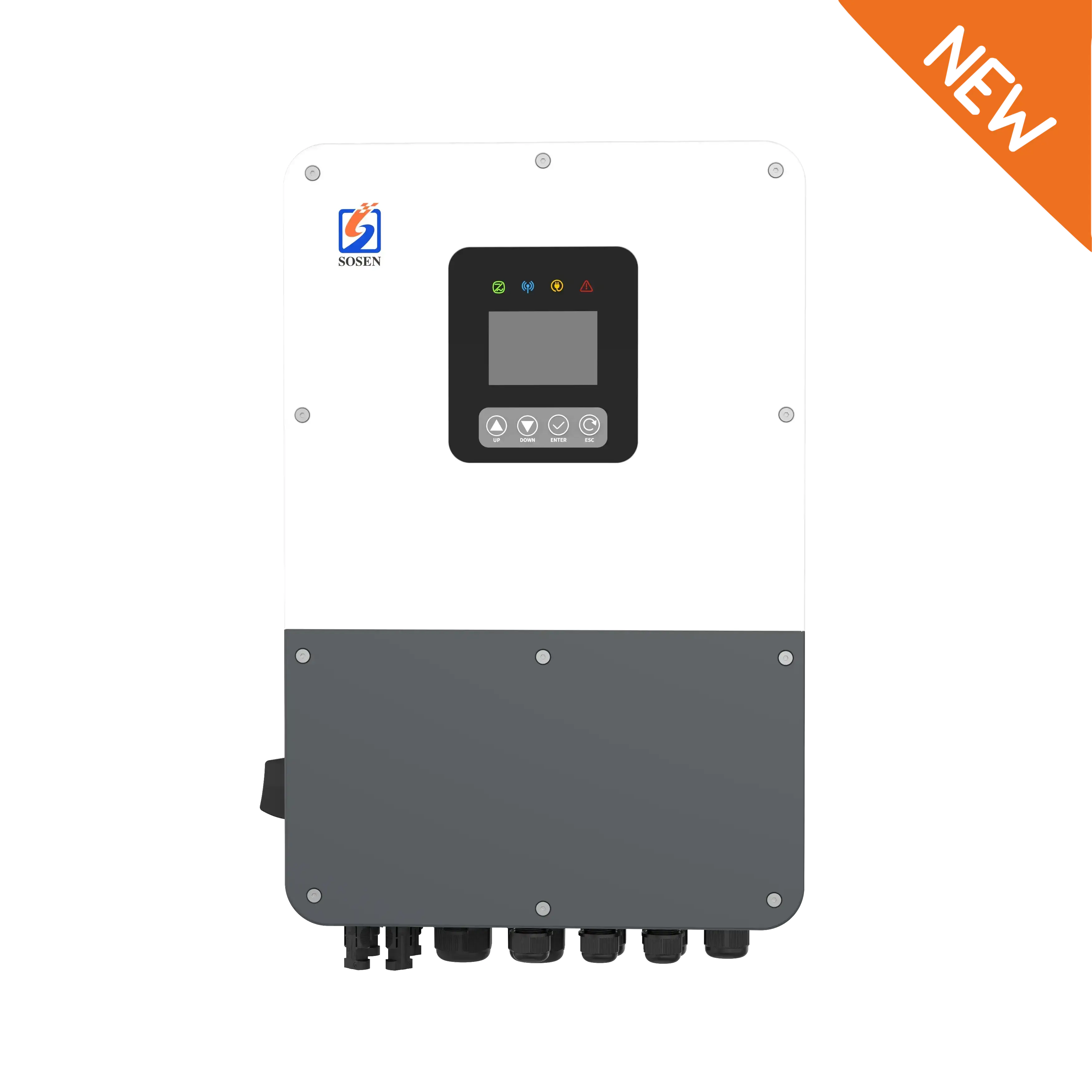 SOSEN 5-10kW single phase low voltage hybrid inverter front view with LCD display