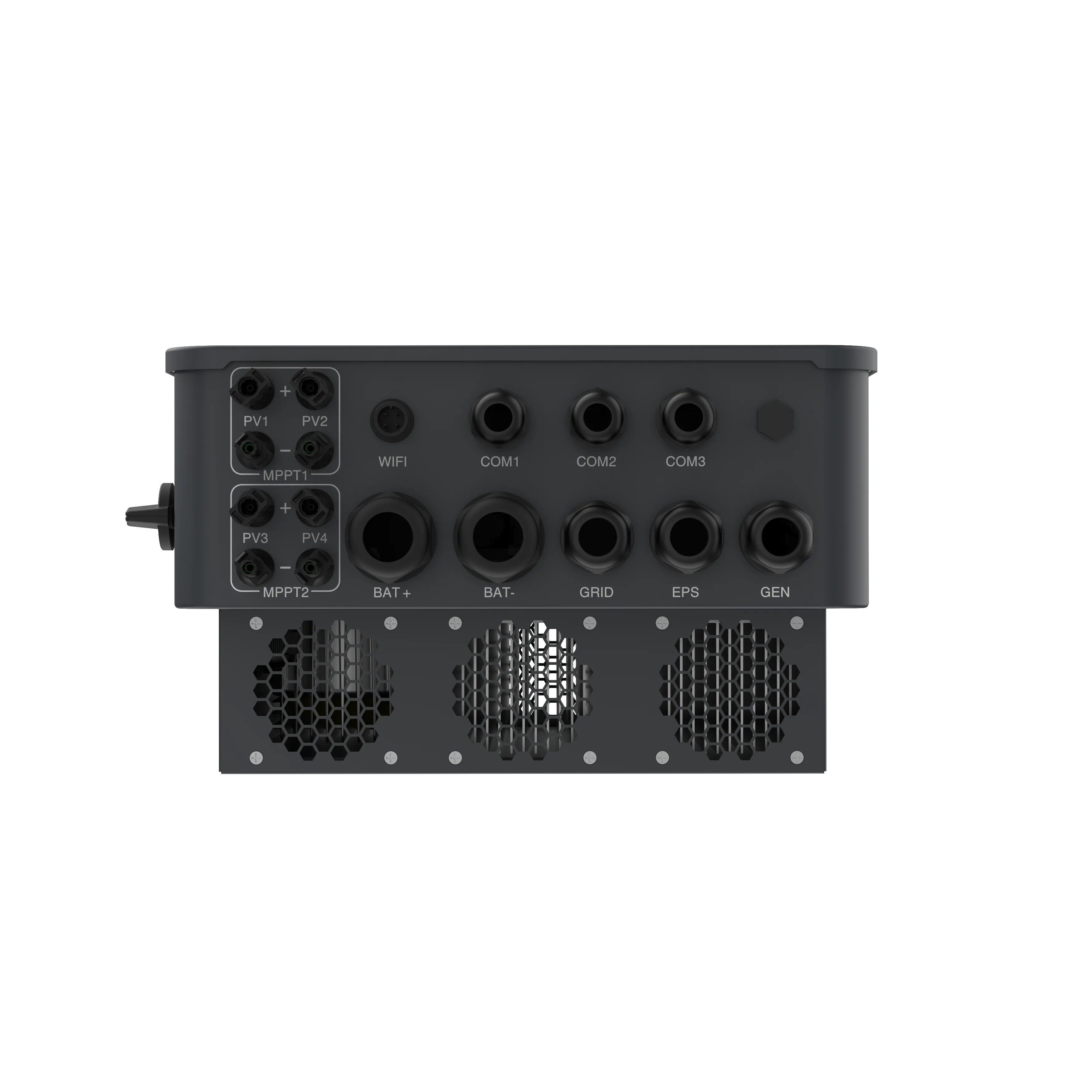 SOSEN 5～10kWハイブリッドインバーターの下面図。デュアルMPPTおよびバッテリー用COMポートを示す
