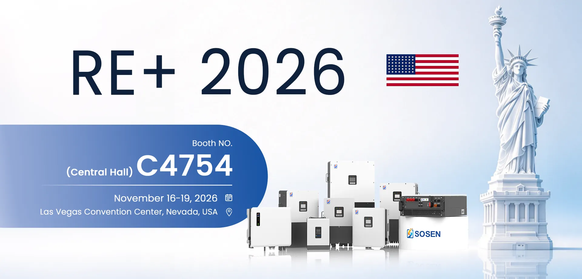 Inversores híbridos SOSEN en RE+2026, stand C4754, del 16 al 19 de noviembre, Nevada, EE. UU.