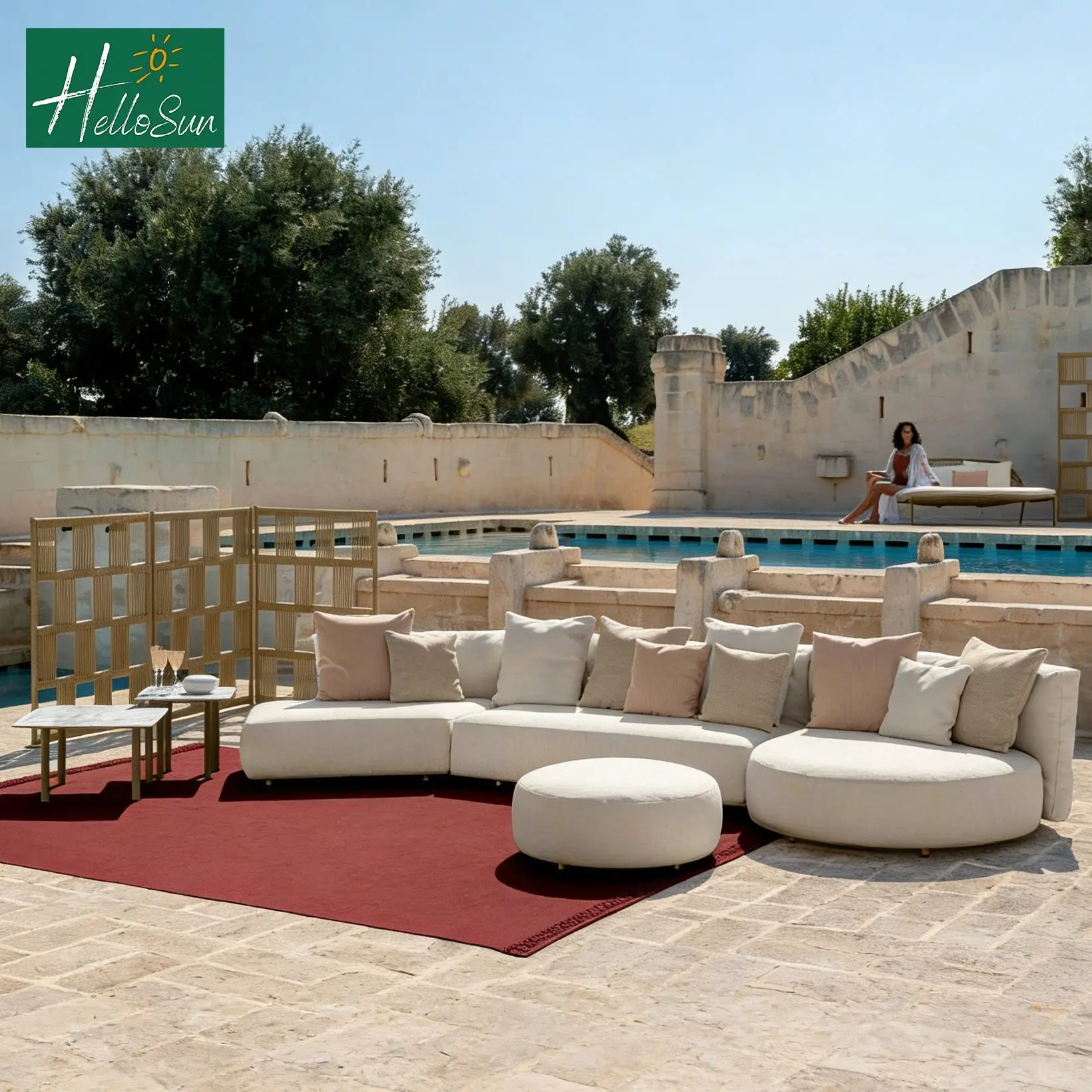 Curvilinear Modular Outdoor Sofa with Aluminum Frame & Check Pattern Rope Weave 1