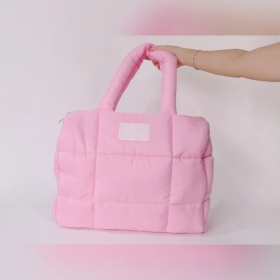 Quilted puffer tote bag woman travel nylon puffy bag tote pink puff ladies bag 1