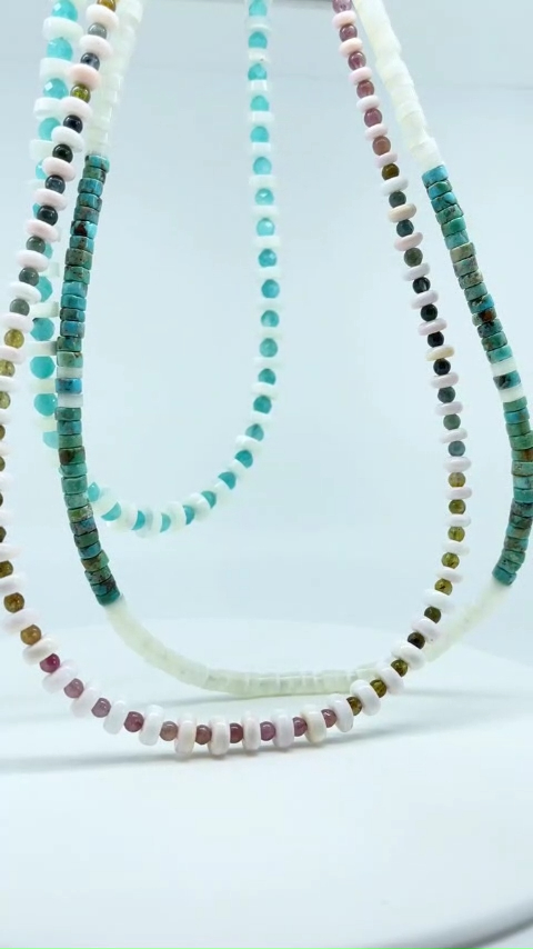 Mop Heishi Necklace b'Tourmarline Round Beads u Turquoise Heishi Kwalità Għolja Amazonite Faceted Beads Display 9