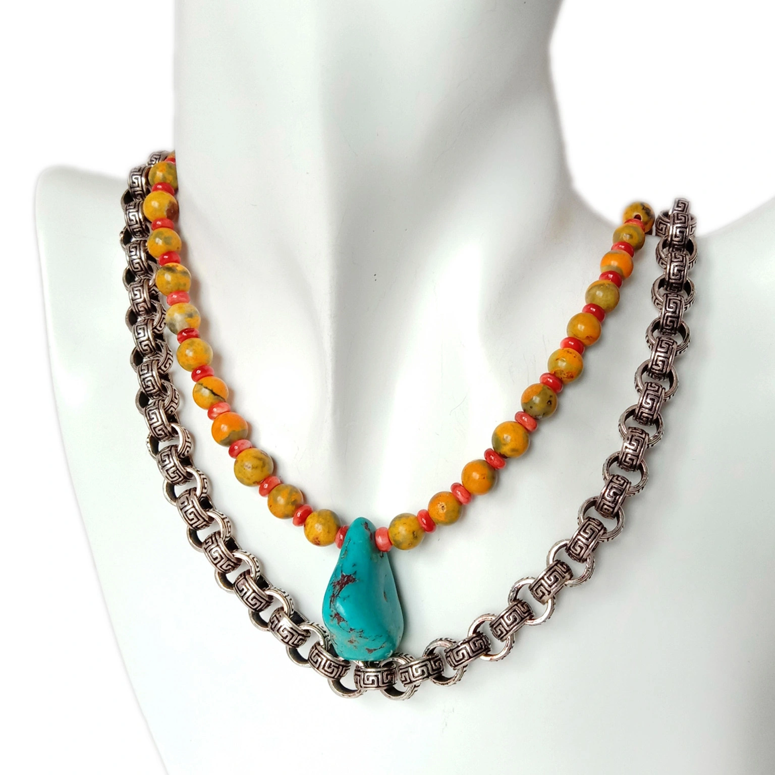 Ngwakọta bara ọgaranya Gemstone Necklace Bumblebee Beads Spiny Oyster Rondelle na Turquoise Nuggets 1