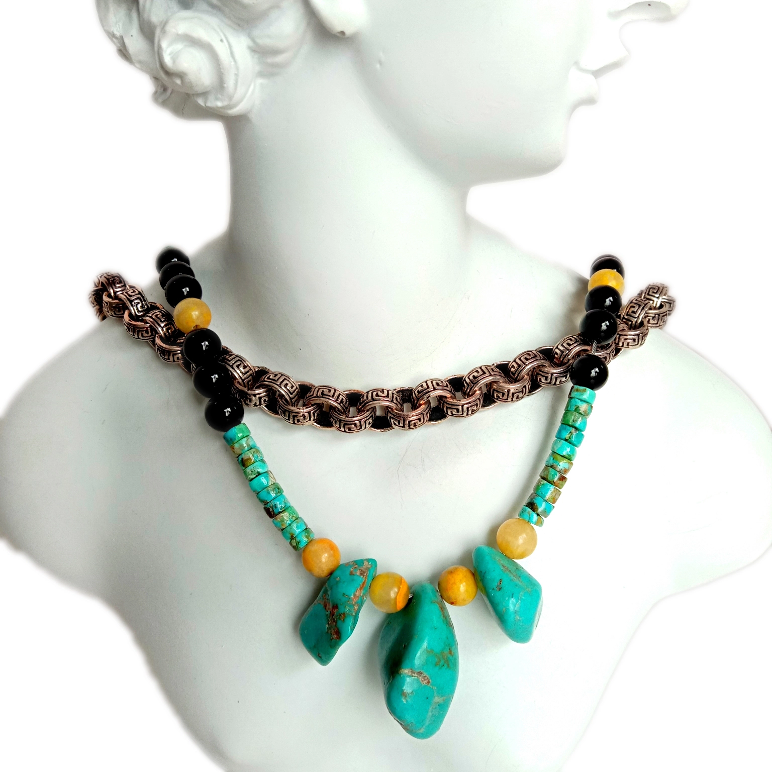Ihe osise mara mma Muti-Acha Muti-Gemstone olu Turquoise Nugget nwere Bumblebee na Black Onyx 1