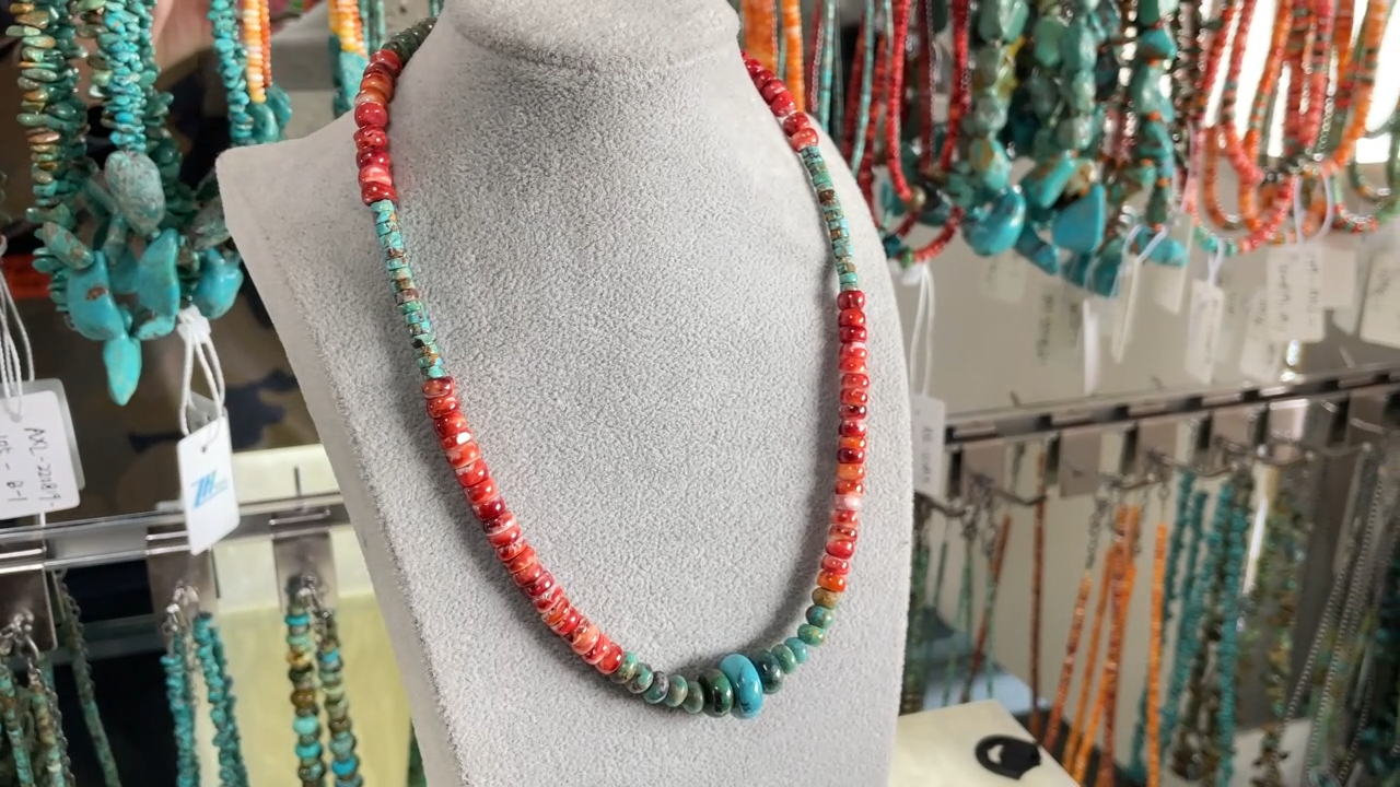 Natural turquoise Large Graduated Red Spiny Oyster Shell 925 Sterling Silver Necklace 8