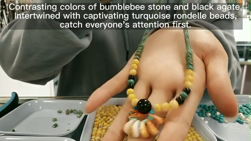 Contrasting colors of bumblebee stone and onyx,Intertwined with captivating turquoise rondelle beads 9