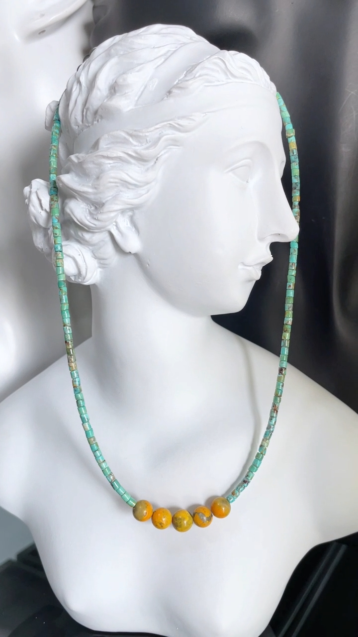 Natural  turquoise heishi and bumblebee Gemstone Necklace 16inch 925 Sterling Silver 8