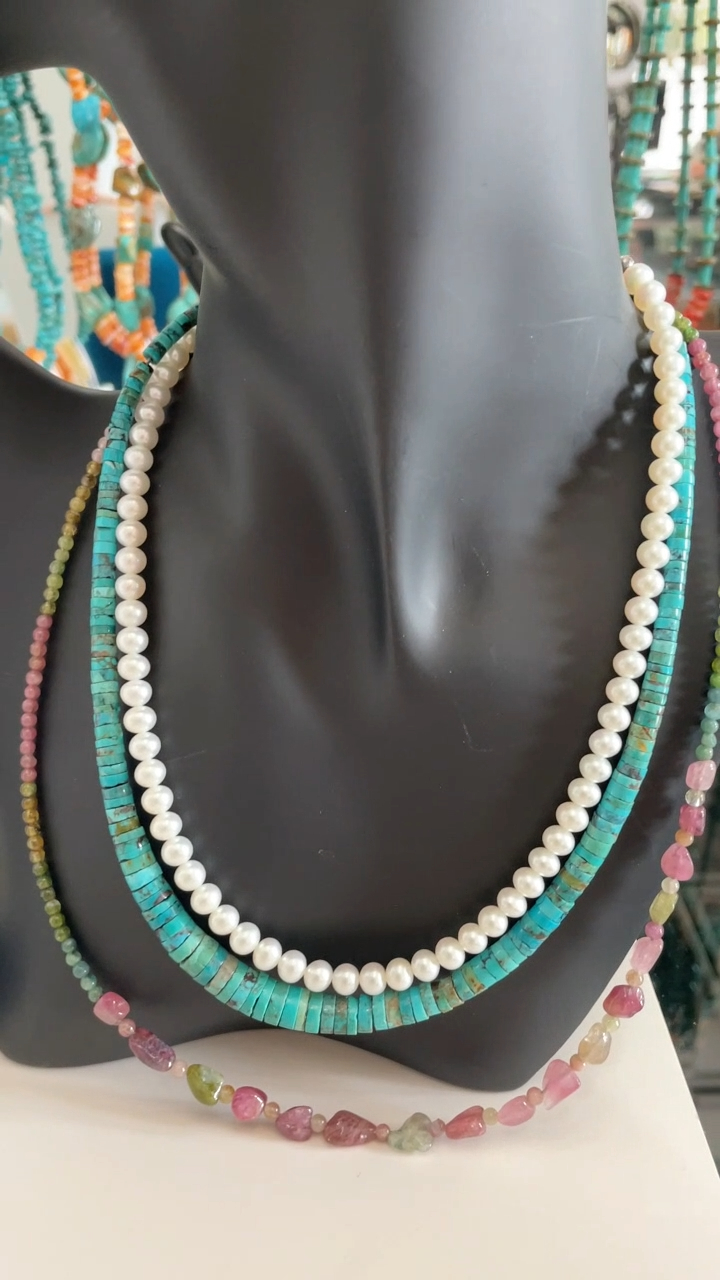 സിംഗിൾ ജെംസ്റ്റോൺ നെക്ലേസ് സെറ്റ് പേൾ വളയങ്ങൾ ടർക്കോയ്സ് ഹെയ്ഷി ടൂർമാലിൻ ചിപ്സ് നെക്ലേസ് 9