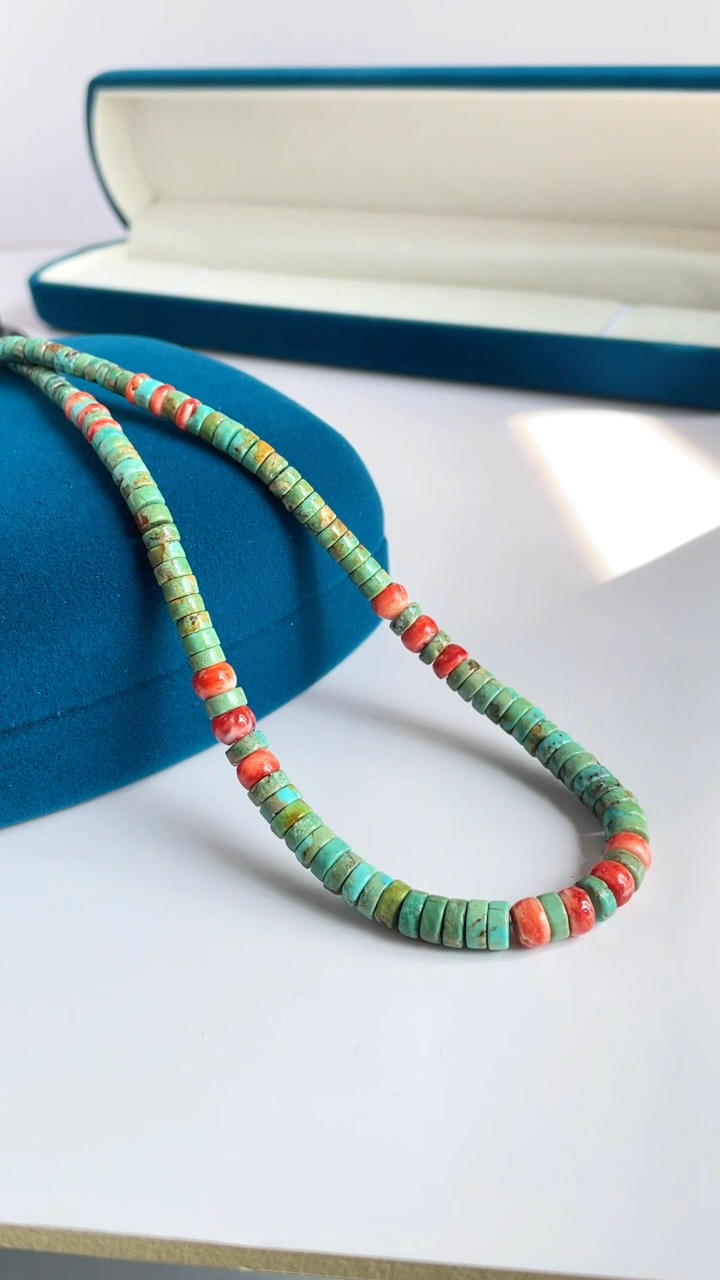 Natuurlike stekelrige oester turkoois kraal ketting 16 duim GEPASTE 925 sterling silwer kreef sluiting 8