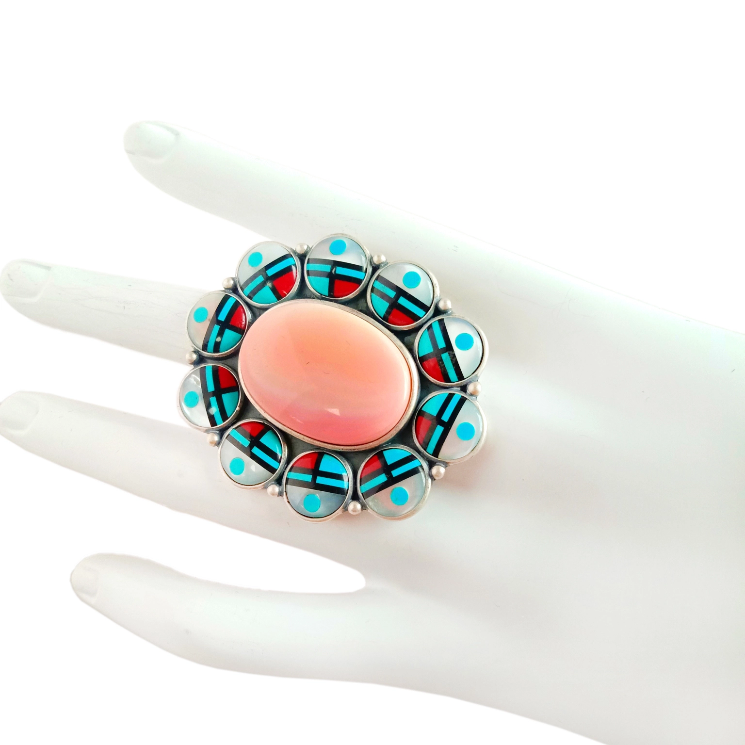 Natuurlike pienk seeskulp Turkoois mop 925 Sterling silwer handgemaakte Edelsteenring 1