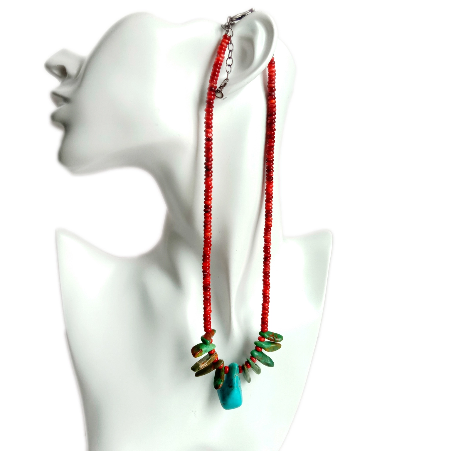 Natural turquoise and spiny oyster Zopanga Pamanja 925 Sterling Silver Necklace 16 Mikanda Yofiira Yofiira 1