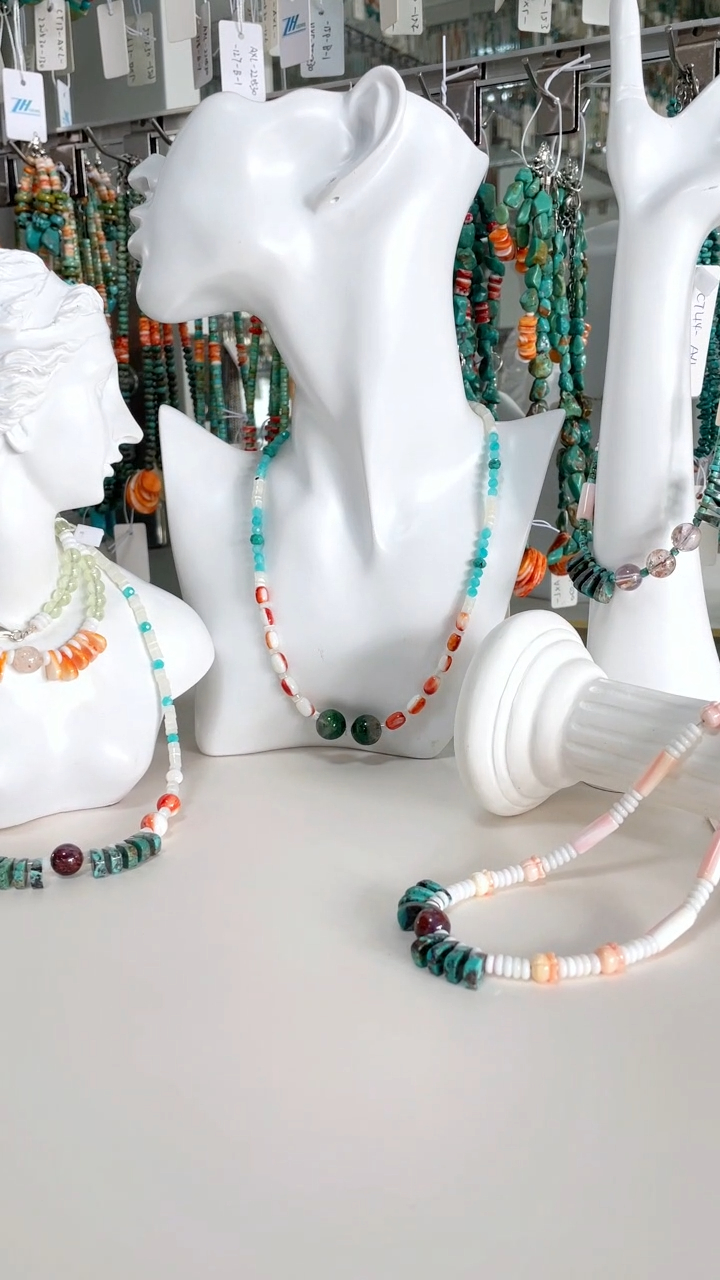 Muti pyè presye kolye epineux zuit koki ki gen fòm Amazonite pèl fasèt ak turkwaz Heishi 9