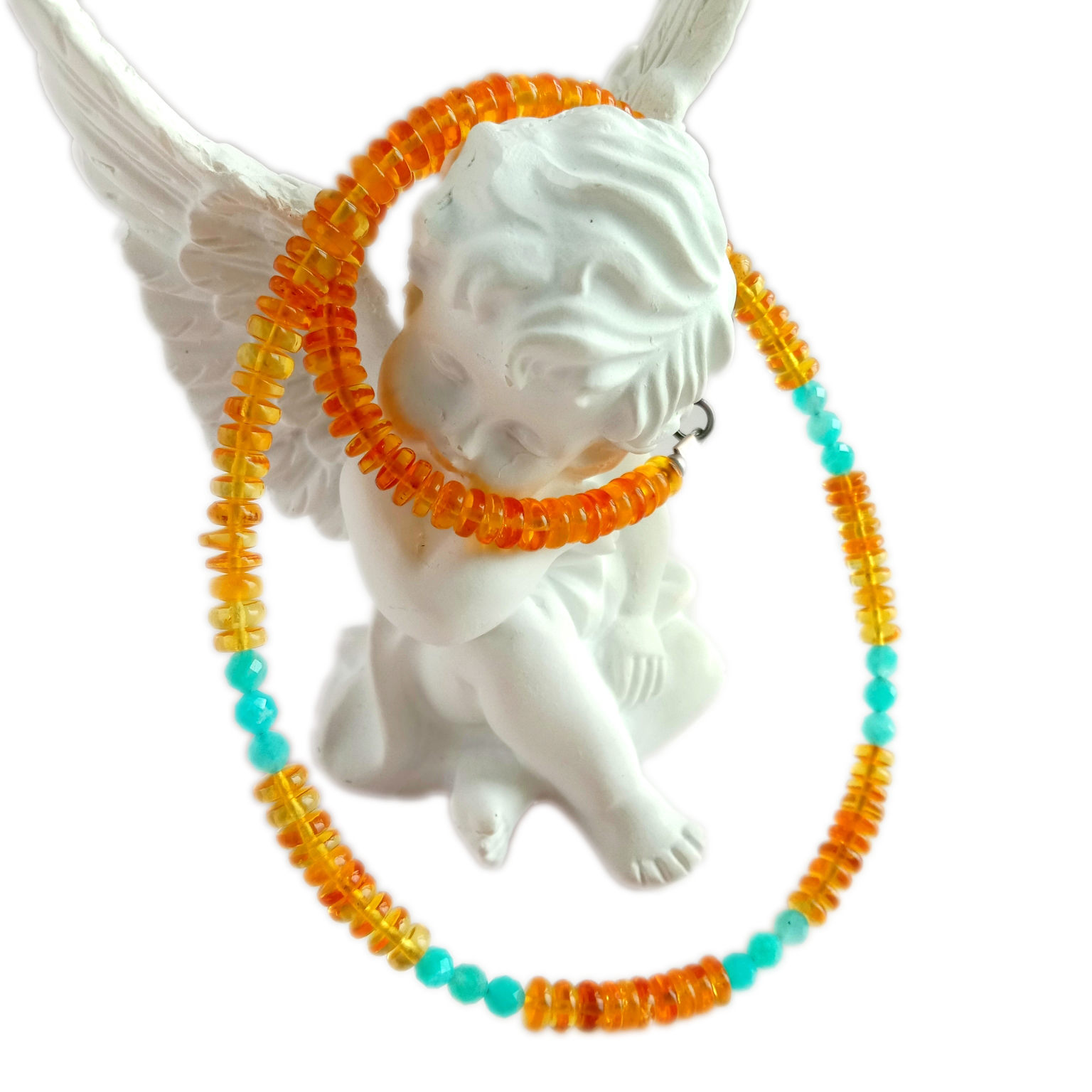Natural amber amazonite Handmade Natural Amber Necklace and 925 Sterling Silver Accent Beads 14
