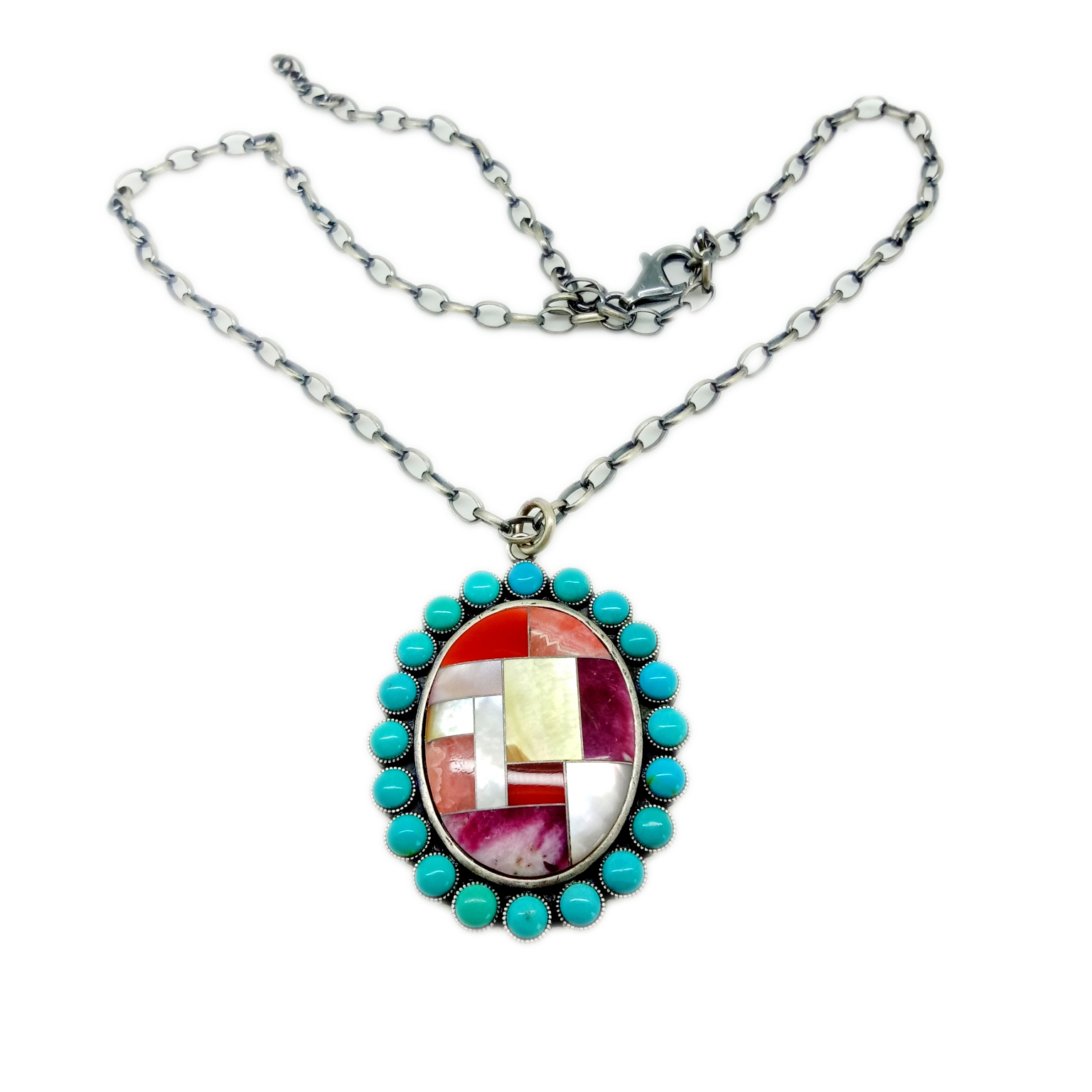 Ġenwina Naturali turkważ mop Gemstone 925 Sterling Silver Pendant Necklace 15