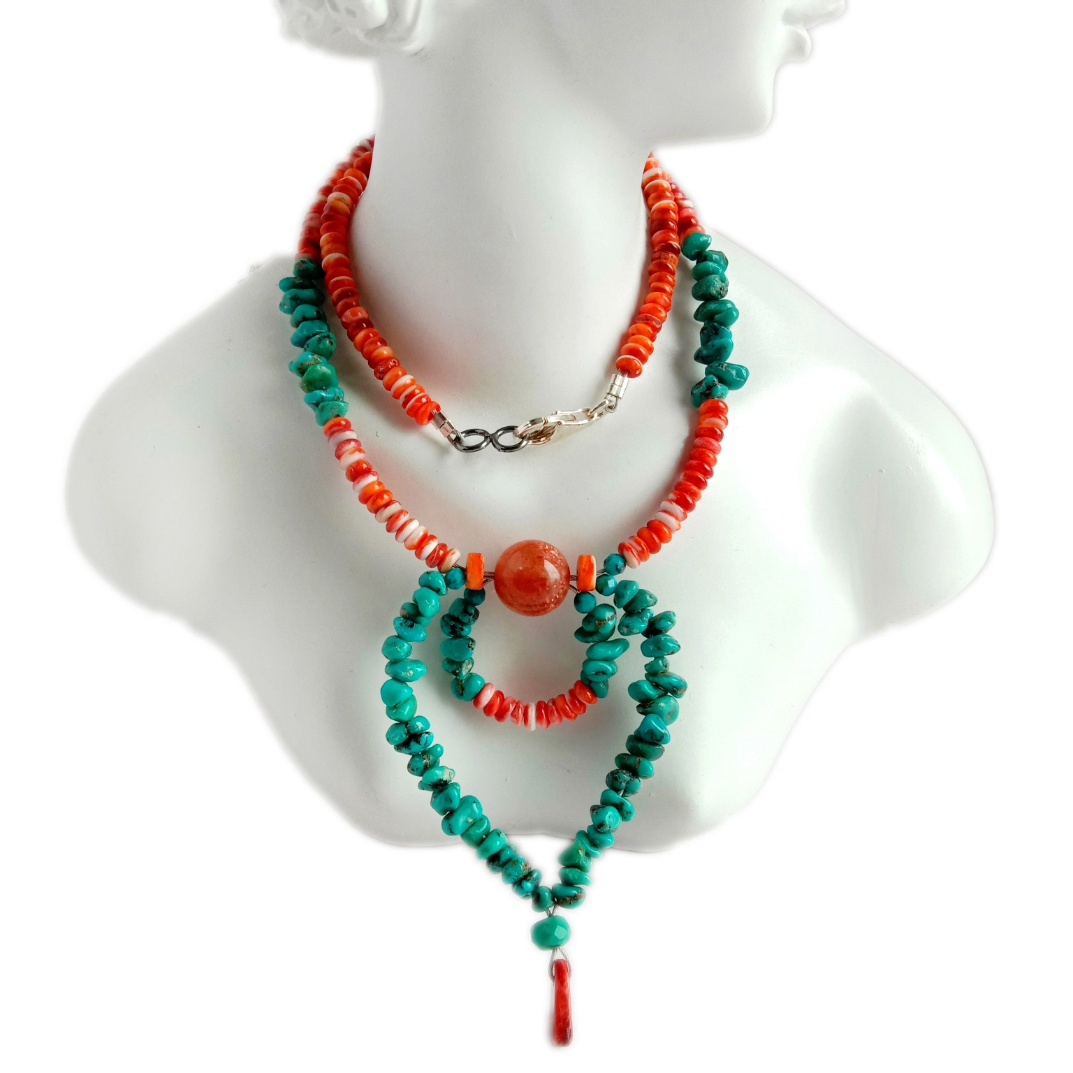 Natural spiny oyster turquoise Red Strawberry quartz mkanda Mwala wamtengo wapatali wa Artisan 925 Sterling Silver necklace 1