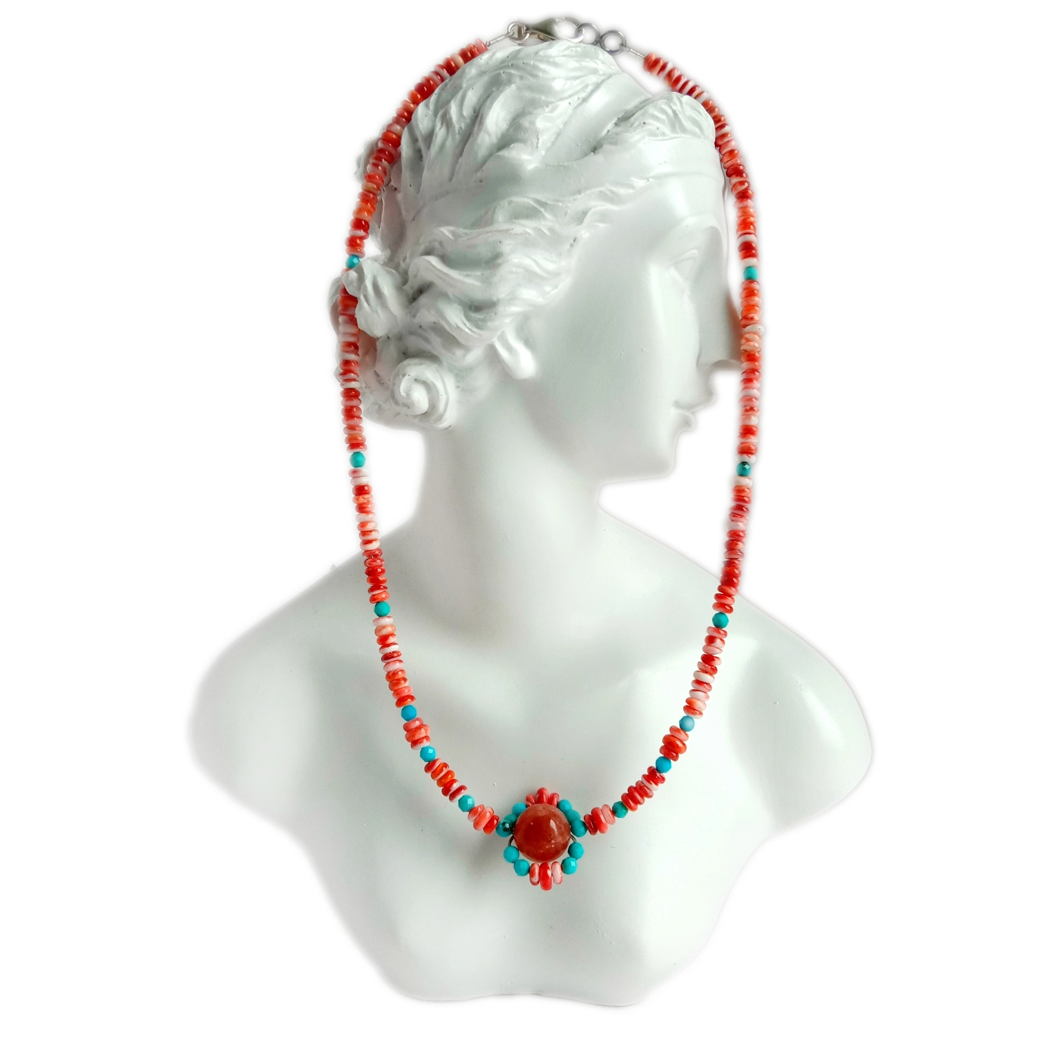 Native American Natural spiny oyster turquoise Red Strawberry quartz Mkanda ndi mphete Seti mikanda yamtengo wapatali 1
