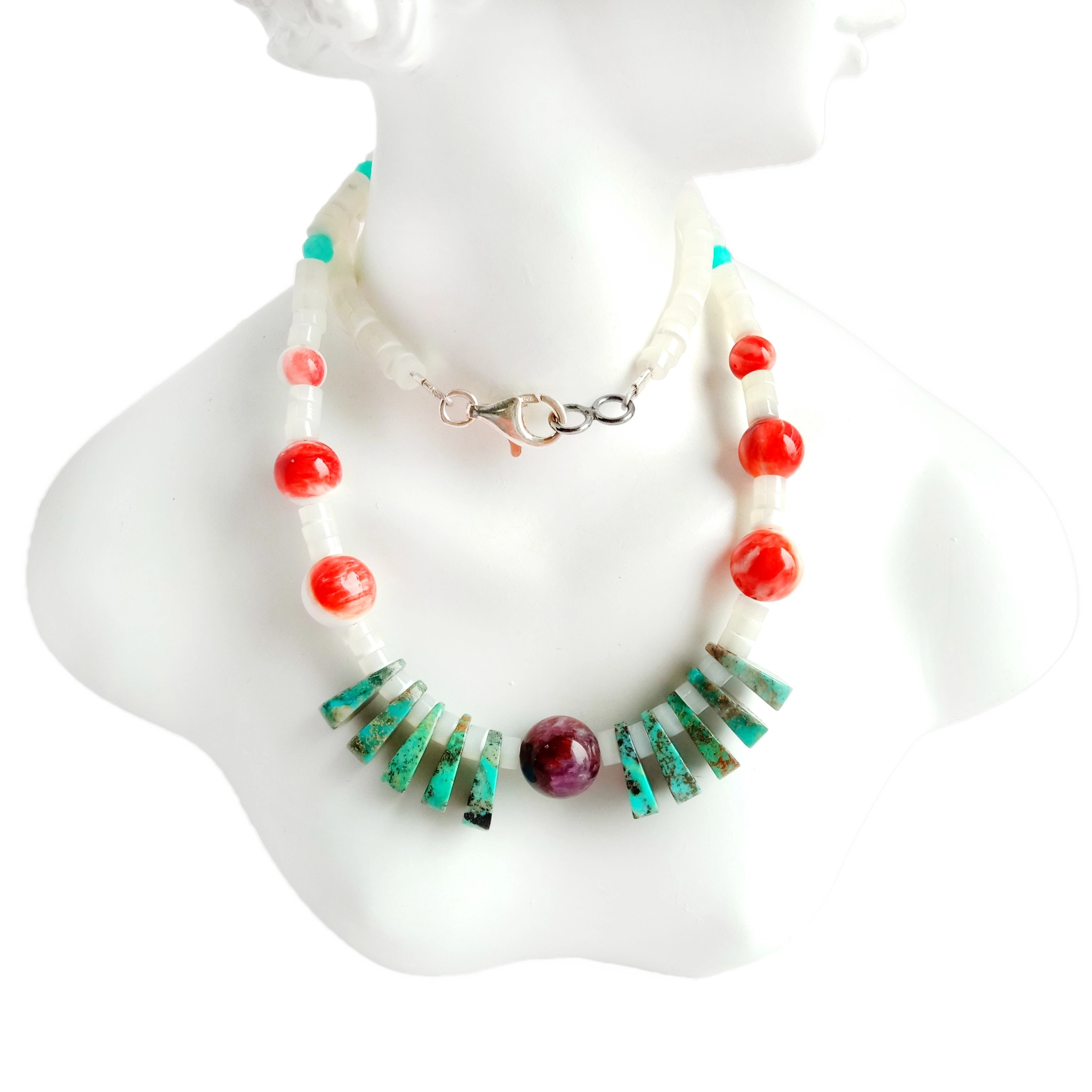 Natuurlike stekelrige oester turkoois mop Amethyst Amazonite edelsteen krale 925 Sterling Silwer ketting 1