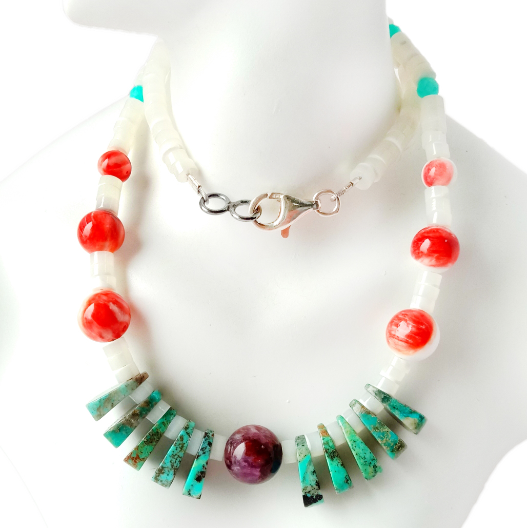 Natuurlike stekelrige oester turkoois mop Amethyst Amazonite edelsteen krale 925 Sterling Silwer ketting 14