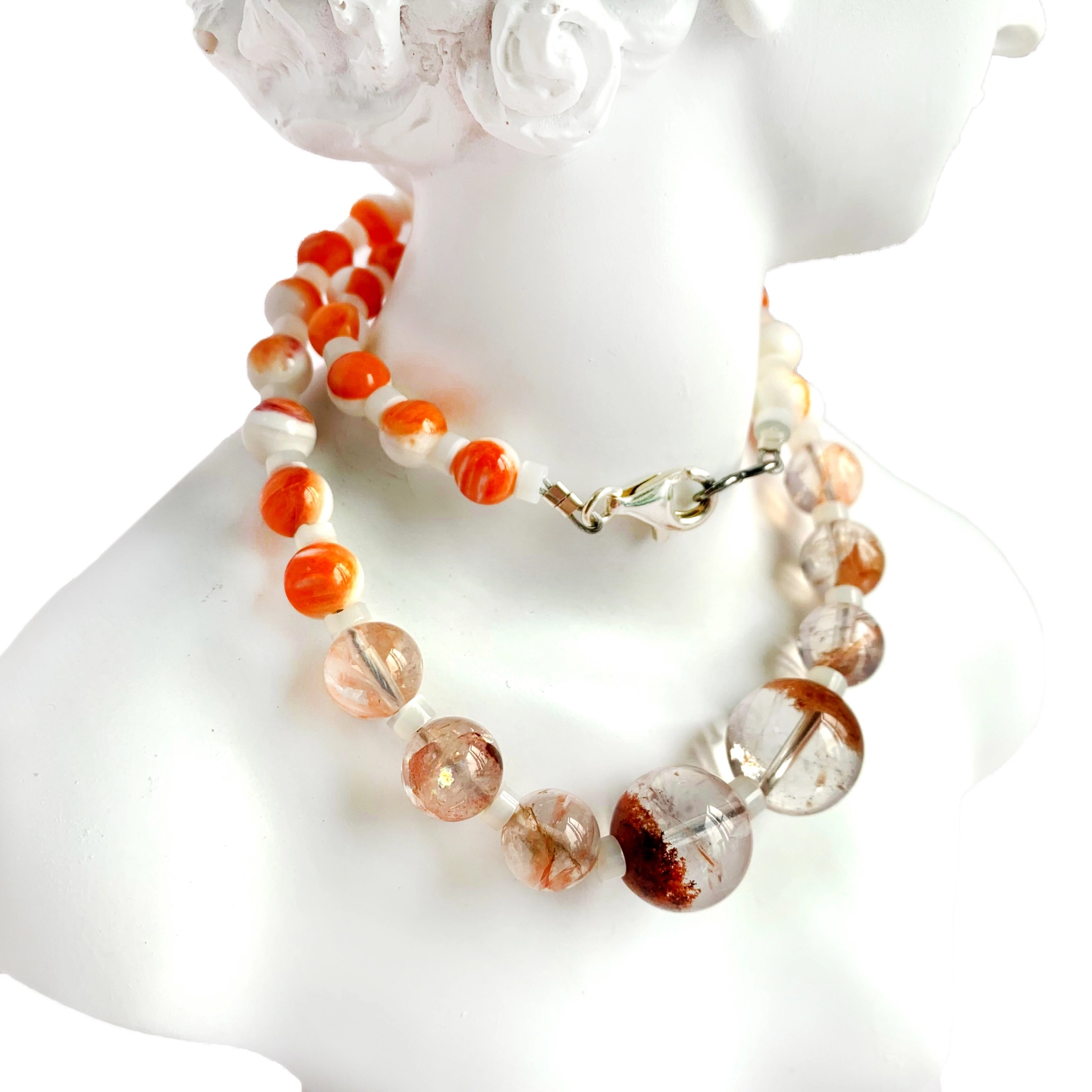 Natural mop spiny oyster red quartzite Ghost phantom quartz 925 Sterling Silver 16 inch Gemstone Necklace 1