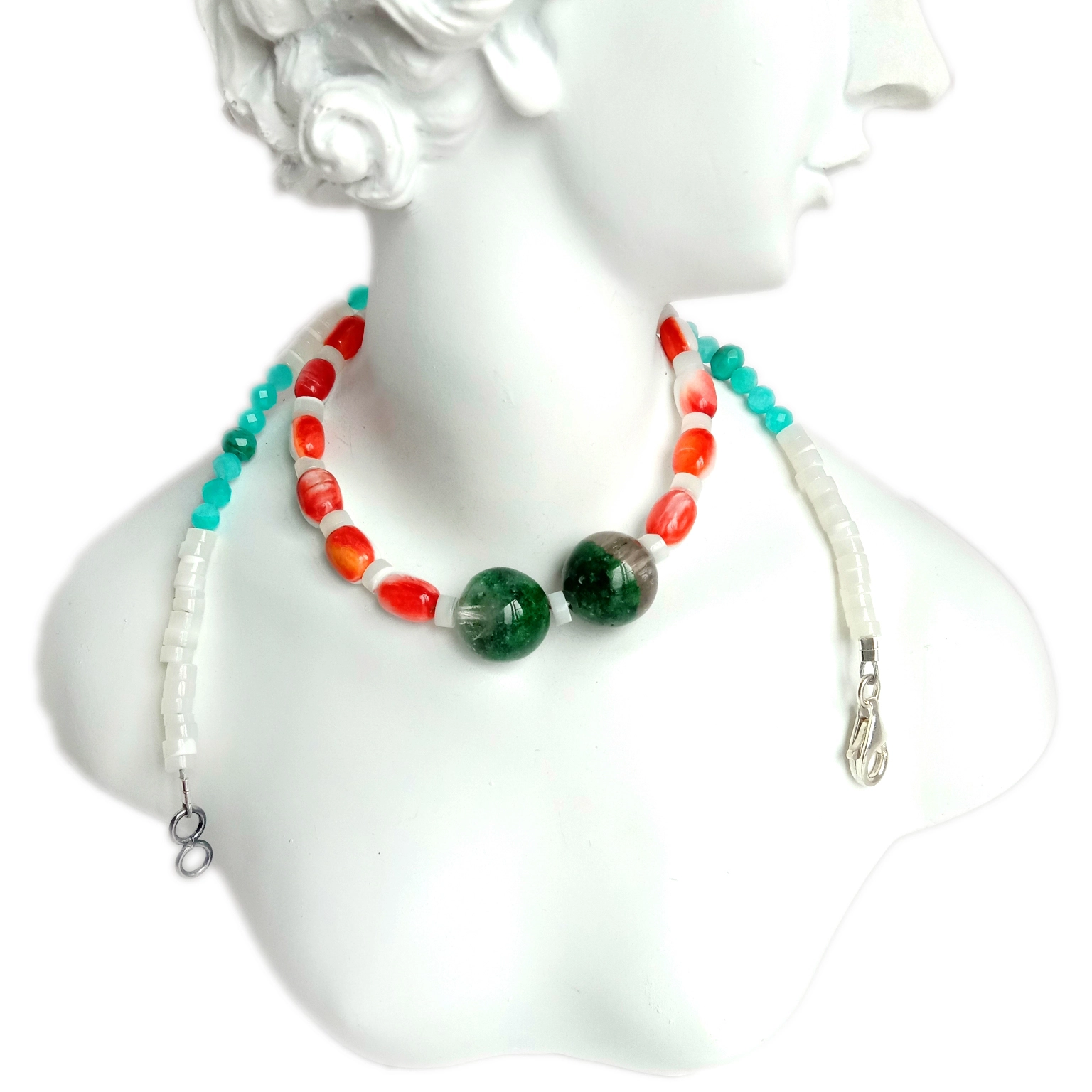 Pel alami tiram berduri Hantu phantom kuarsa Amazonite 925 Sterling Silver 16 Inch Strand Kalung 1