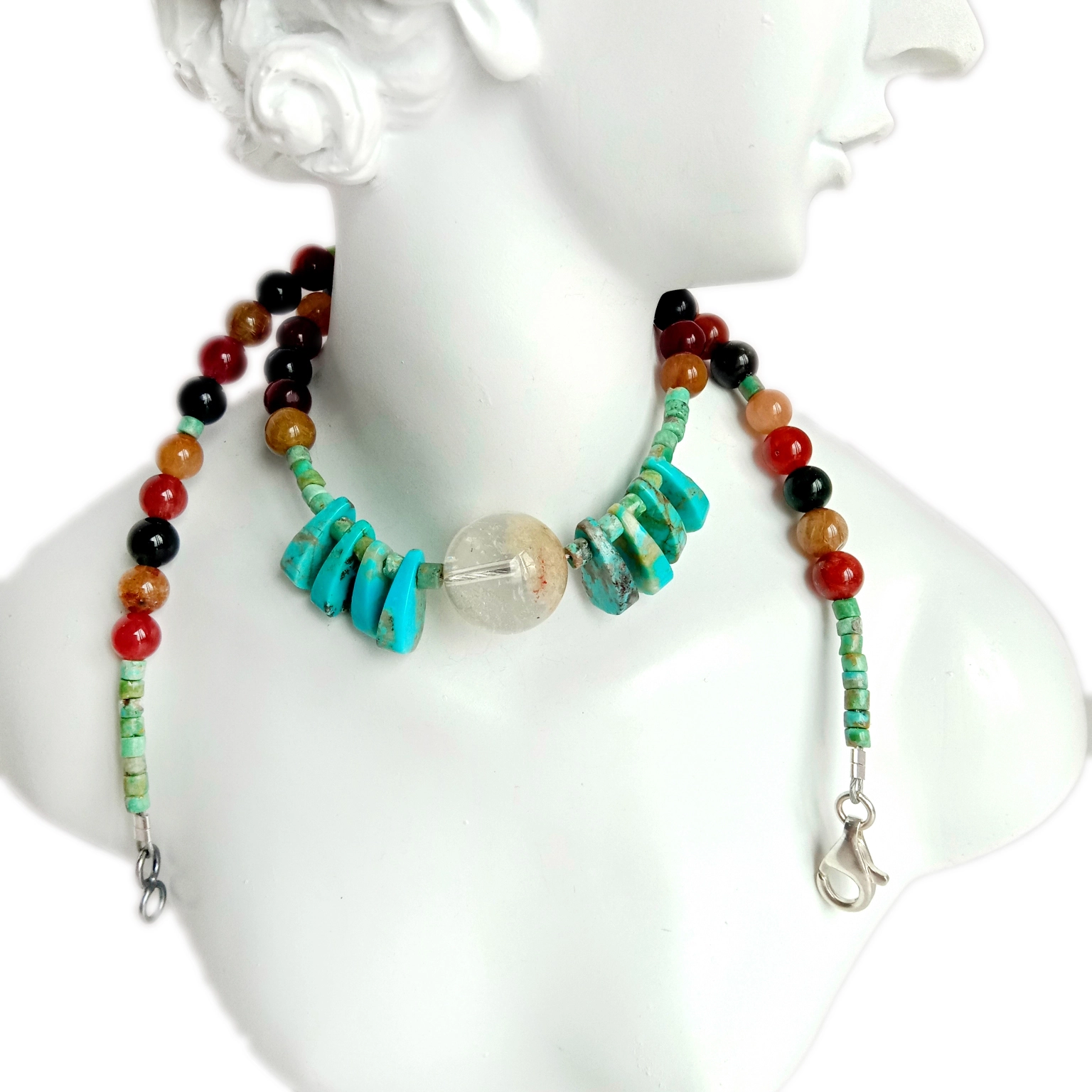 Ntuj Turquoise dab phantom quartz Muaj yeeb yuj Rutilated quartz 925 Sterling nyiaj 16 Nti Strand Necklace 1