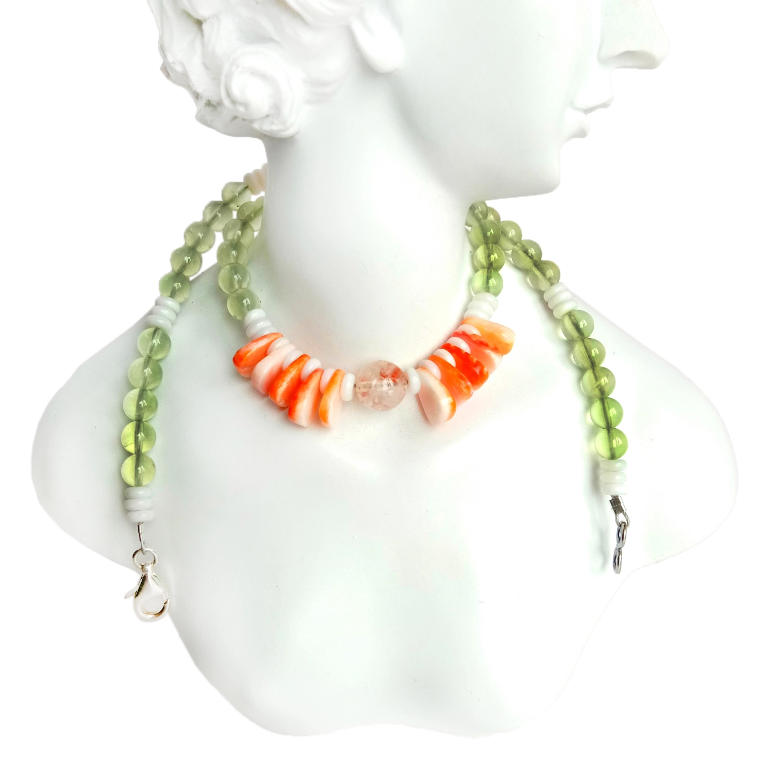 Natural spiny oyster red quartz pink see shell Prehnite 925 Sterling Silver 16 Inch Strand Kalung 1