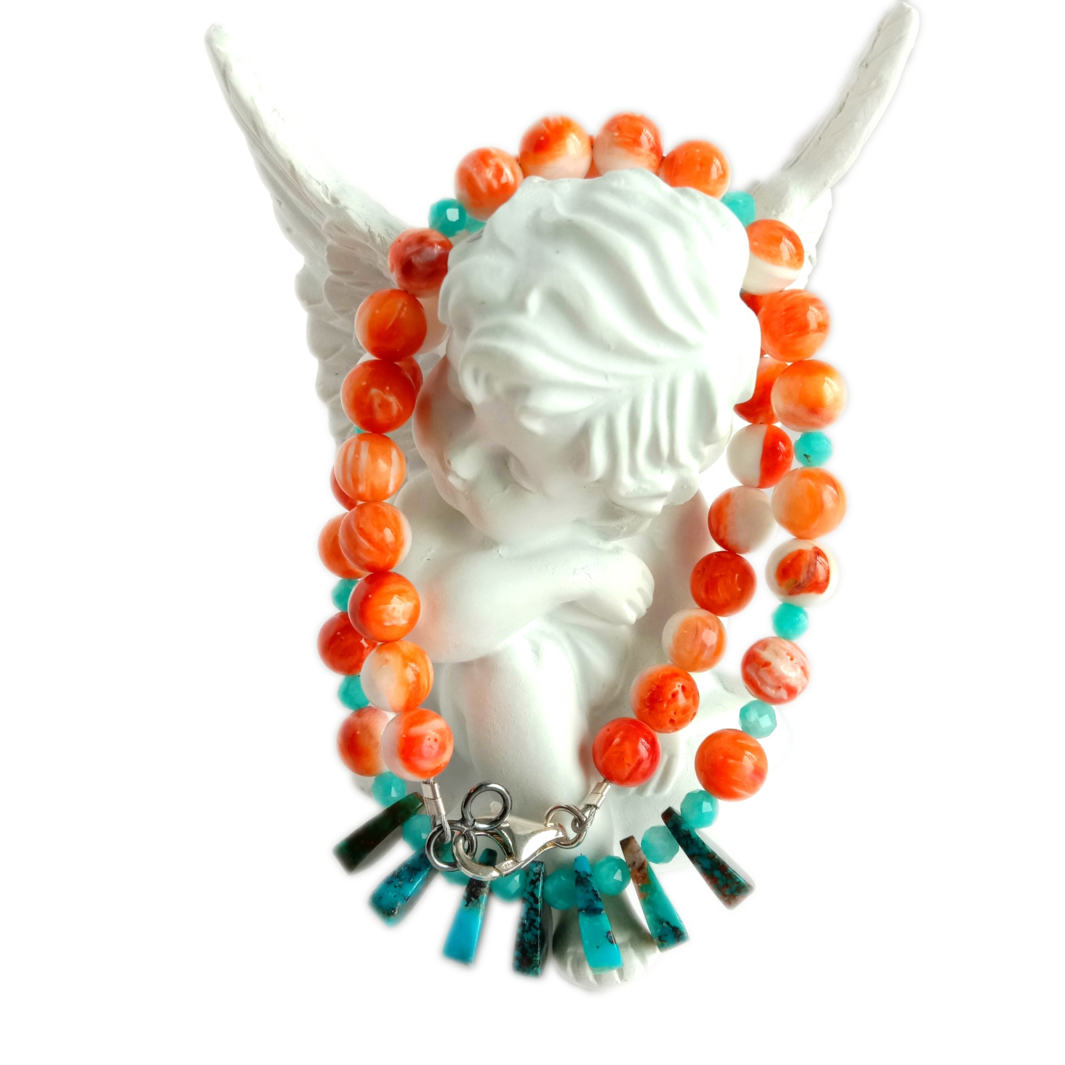 Gjerdan natyral bruz me gjemba perle amazonite 925 argjend i pastër 16 inç me fije 14